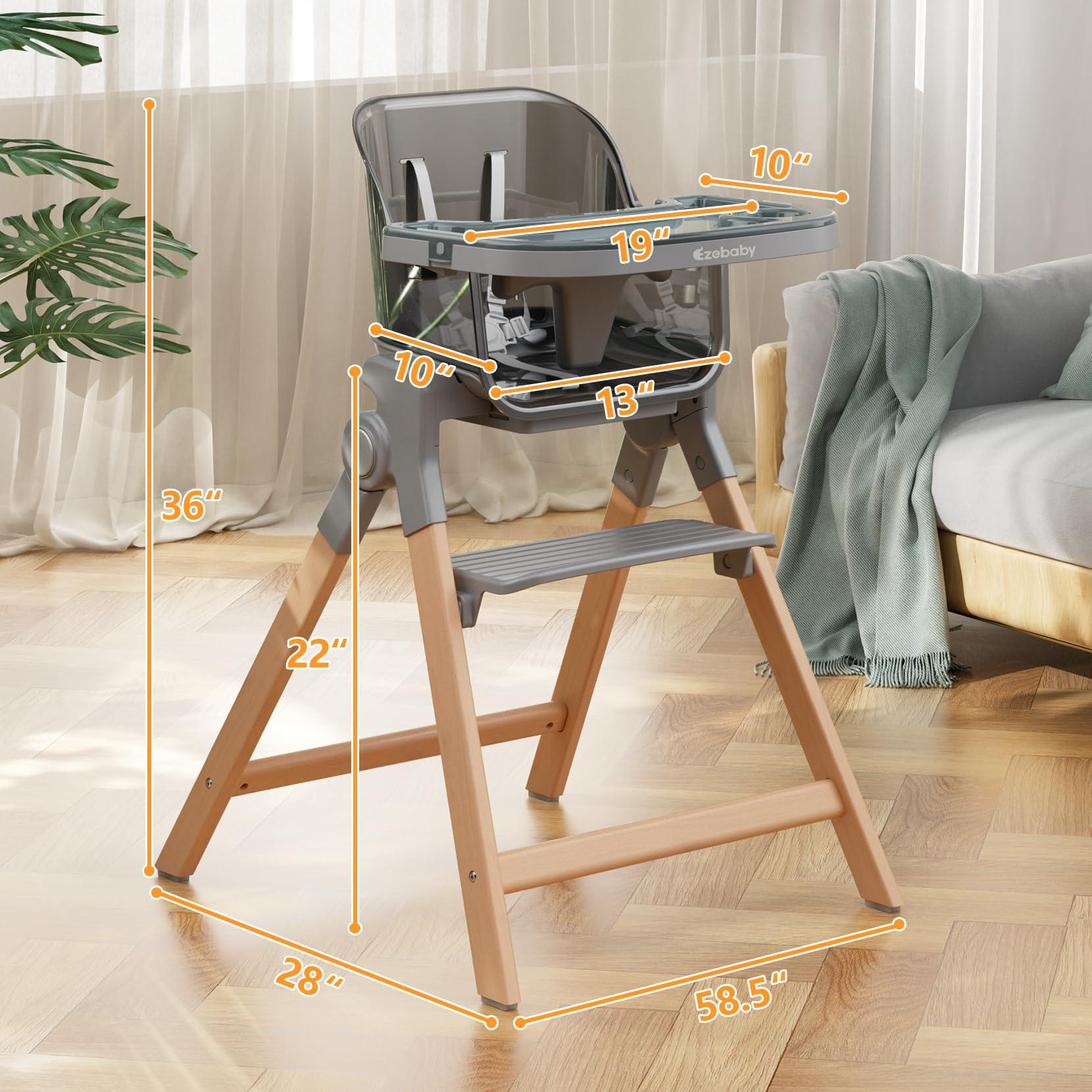 Ezebaby Ezebaby Foldable Wooden High Chairs, 3-in-1 Convertible Baby High Chair, Dining Booster Seat, Toddler Chair, Easy Clean High Chairs for Babies and Toddlers with Large Adjustable Tray- Transparent Gray