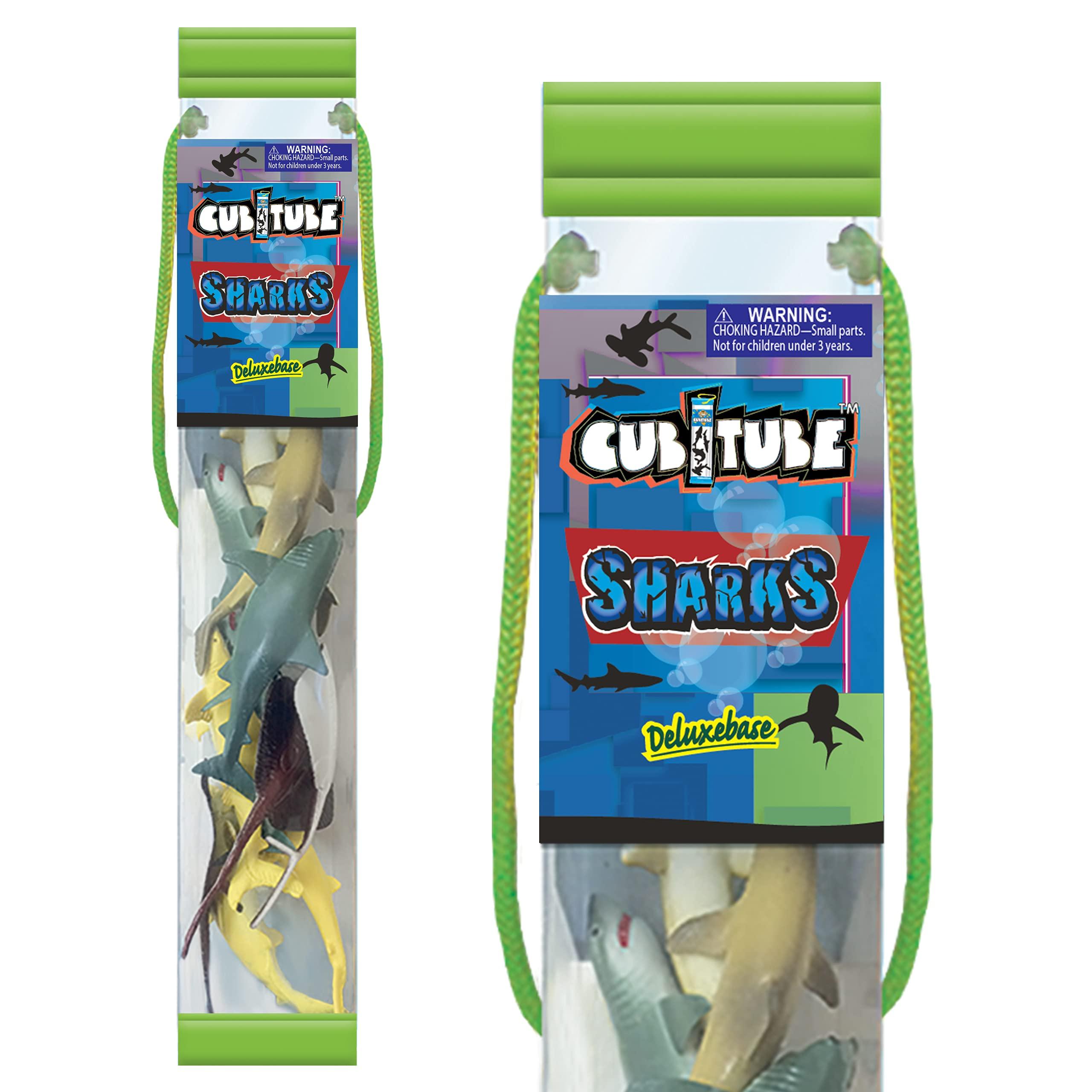 Cubitube Cubitube - Shark from Deluxebase. 11 Piece Small Shark Figurines and Play Accessories Collection. Reusable Plastic Storage Tube of Ocean Mini replicas.