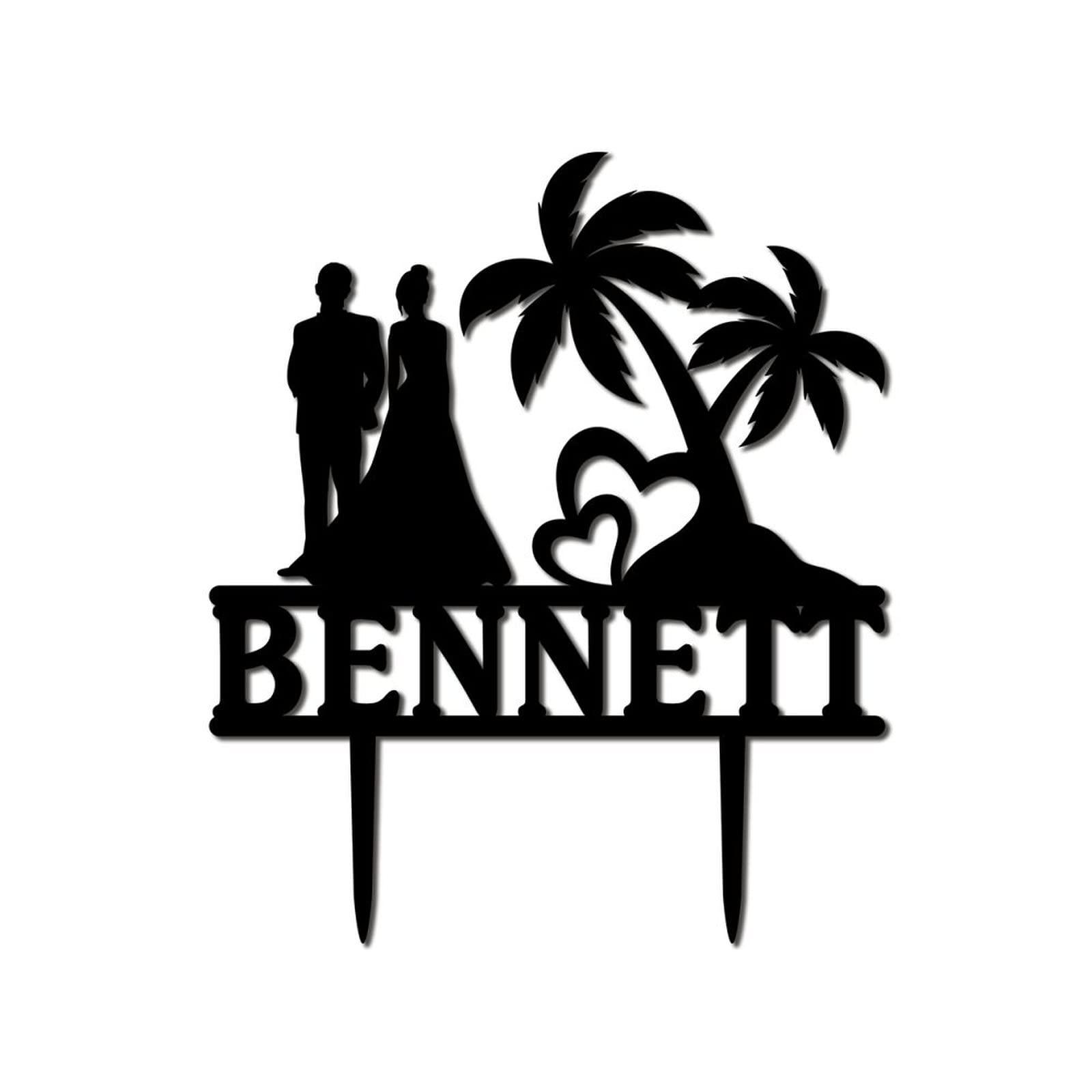 UanMere Beach Cake Toppers Personalized Bride And Groom Wedding Cake Toppers Bride And Groom Under Palm Tree in Beach Keepsake Decoration Black Acrylic Married Silhouette Cake Toppers with Last Name