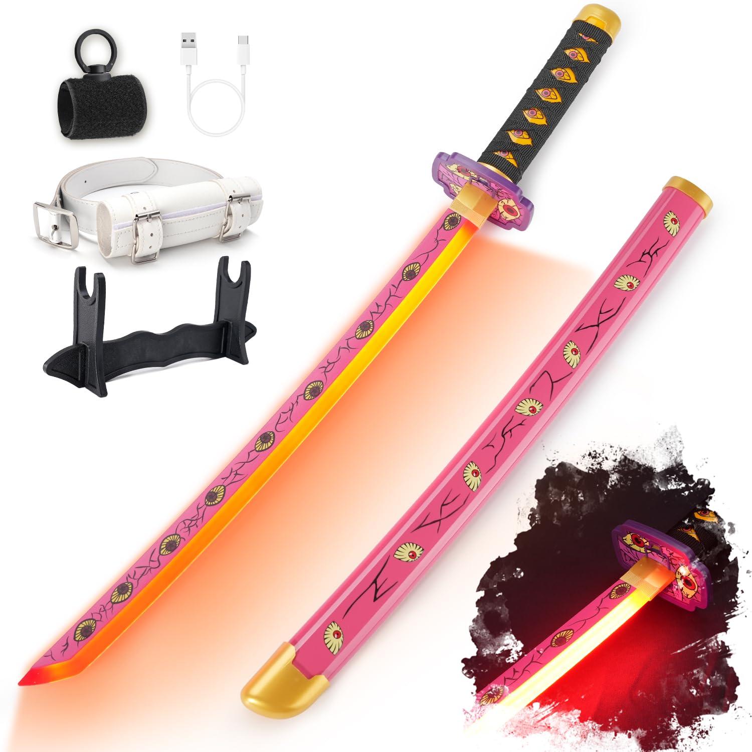 RG RENGENG RENGENG Light Up Kokushibo Sword, 30 Inches Rechargeable Pre-Assembled Plastic Replica with Belt & Stand & Spinner, Original Texture Sword
