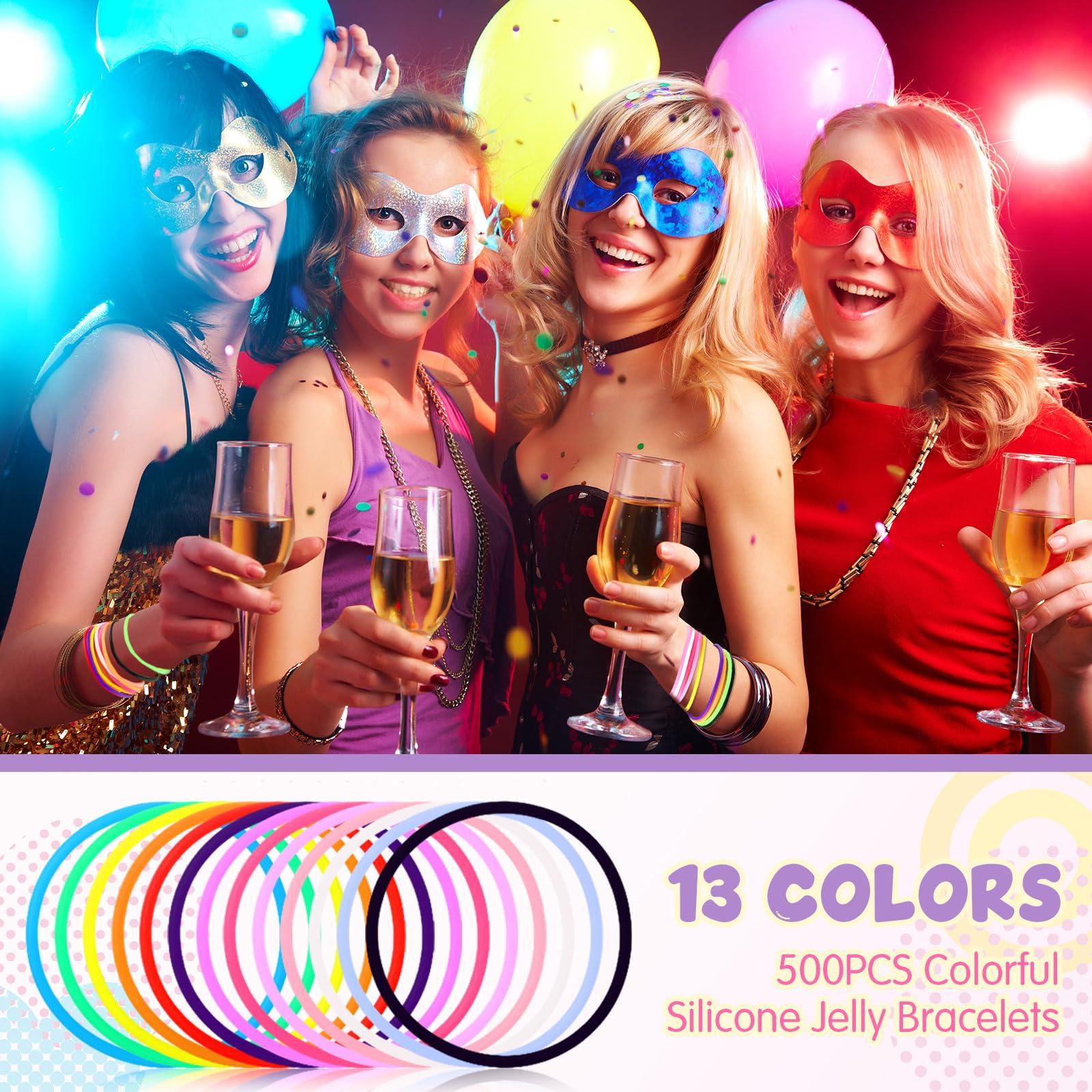 Nuenen Nuenen 1000 Pcs Silicone Jelly Bracelets 80\'s Gummy Rubber Bracelets Multicolor Non Luminous Wristbands Bulk Rainbow Neon Bracelet Silicone Hair Tie for Party Favors Halloween