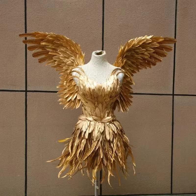 HoHoHuo HoHoHuo Gorgeous Gold Feather Fairy Wings Costume For a Luxurious Show Outfit at Carnivals and Festivals