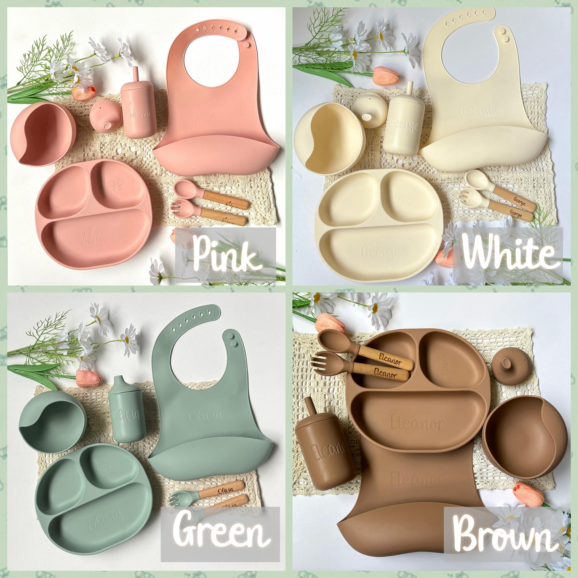 ToysCentral Basics Personalized Silicone Baby Weaning Set,Custom Weaning Set for Toddler,Baby Feeding SetSuction Plate Bowl Set, Self Feeding Spoons, Bib, Cup, Baby Led Weaning Supplies (Brown)