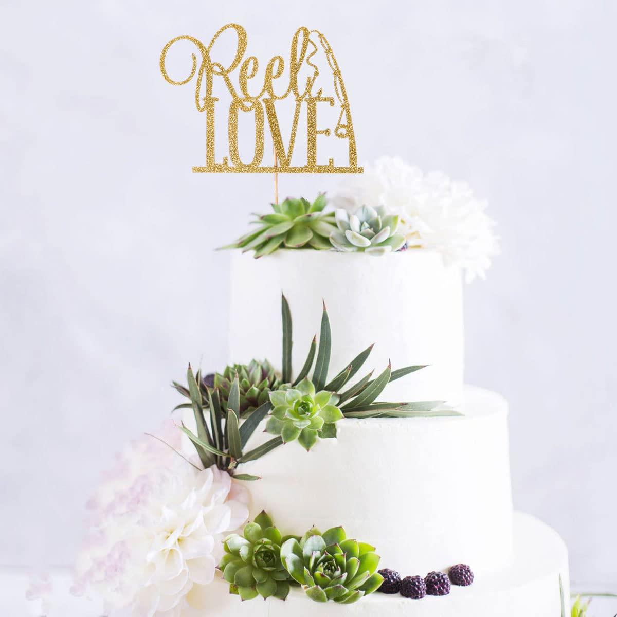 XIUHUBA Reel Love Wedding Cake Topper, Fishing Wedding Cake Toppers, Engagement Party Decors, Gold Glitter