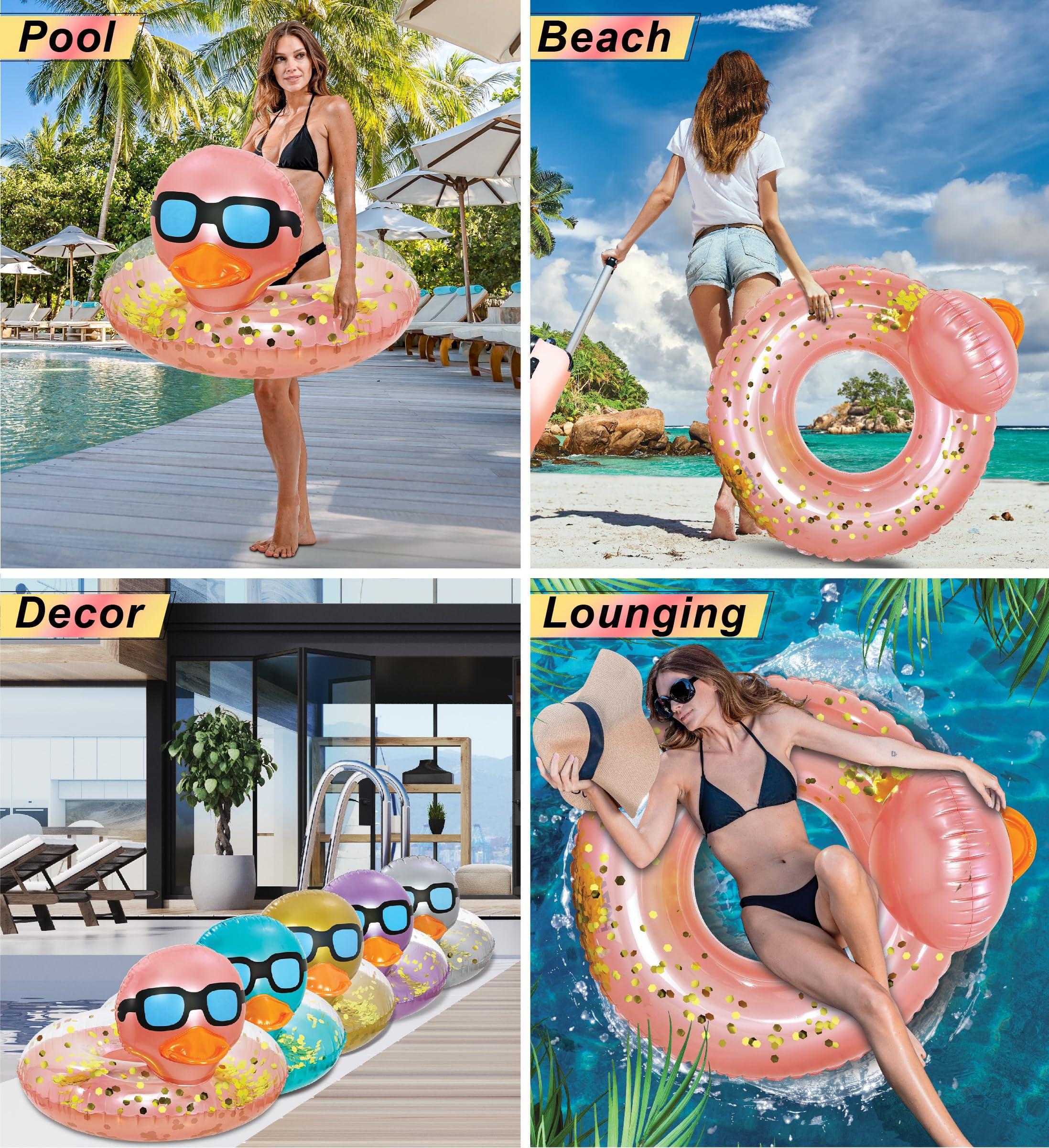 POZA POZA Inflatable Duck Pool Float Tube- Heavy Duty Vinyl UV Resistant Confetti Pool Duck Floatie, Animal Pool Float Swim Ring Pool Inflatables for Kids and Adults for Beach, Party, Vacation - Rose Gold