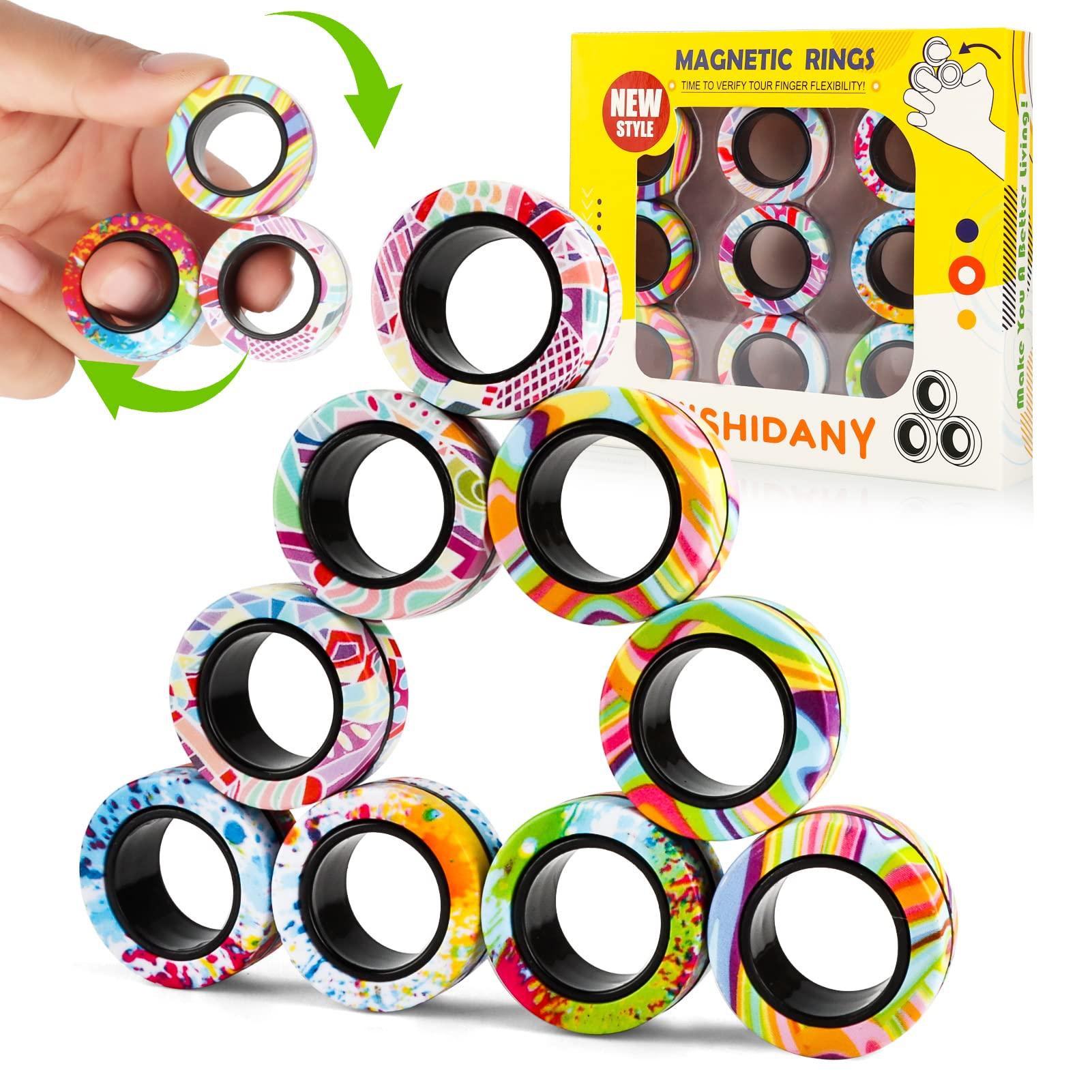 YISHIDANY YISHIDANY 9Pcs Magnetic Rings Fidget Toys Pack, Magnets Finger Spinner for ADHD Stress Relief, Magical Fingears Ring for Training Relieves Autism Anxiety, Great Idea Gift for Adults Teens Kids