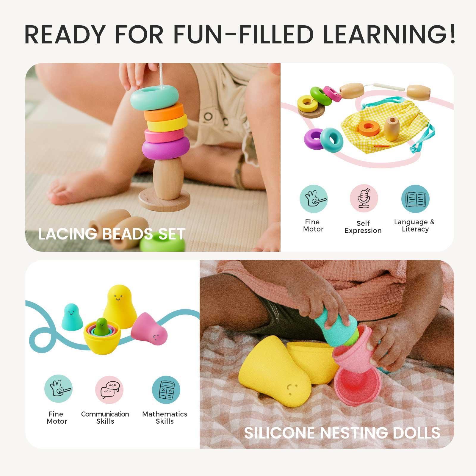 Tiny Land Tiny Land Montessori Toy Set for Baby 16-18 Months Adventure Play Kit - 7-in-1 Ramp Race Track, Shape Sorting and Color Matching Box, Lacing Beads Set, Silicone Nesting Dolls, Animals Board Book