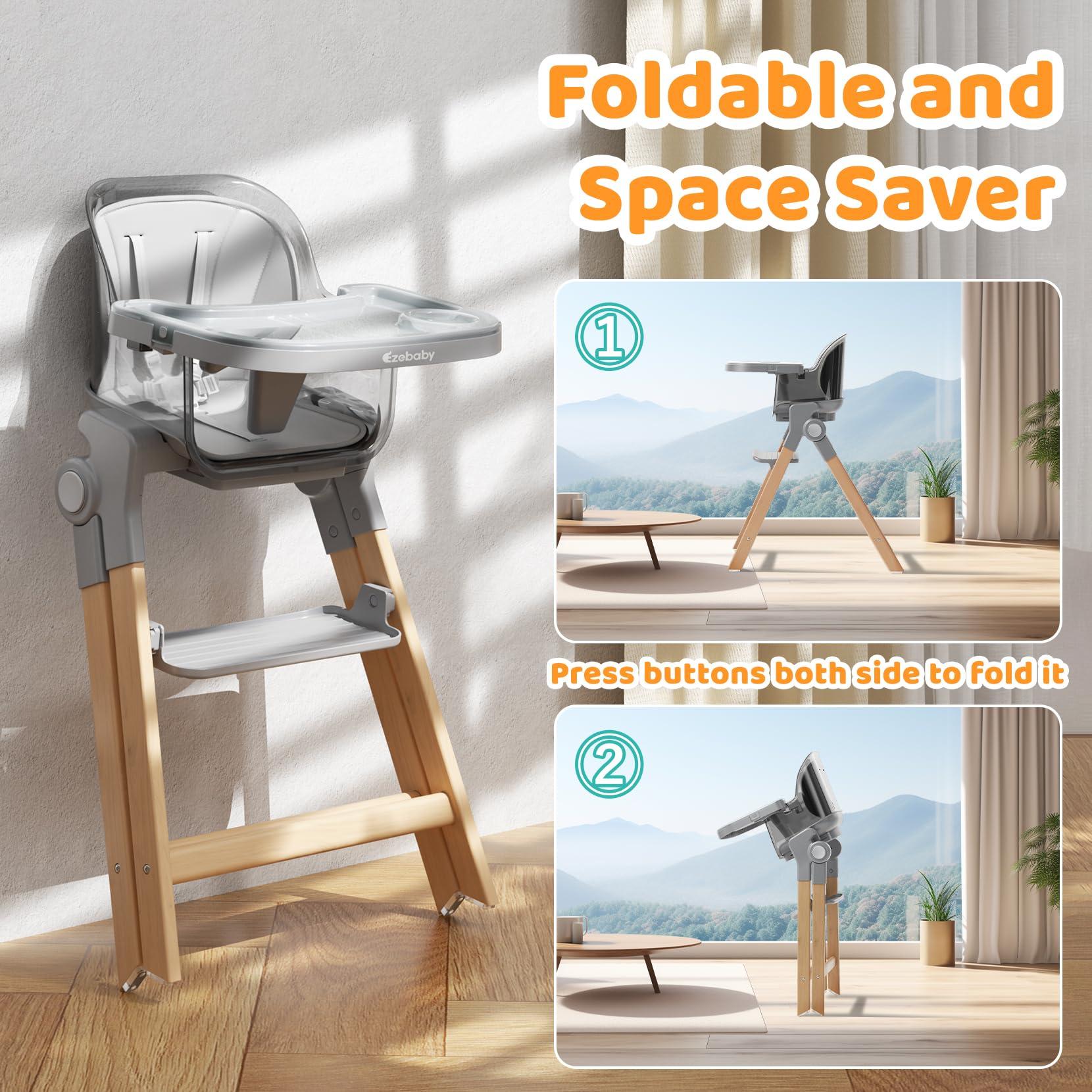 Ezebaby Ezebaby Foldable Wooden High Chairs, 3-in-1 Convertible Baby High Chair, Dining Booster Seat, Toddler Chair, Easy Clean High Chairs for Babies and Toddlers with Large Adjustable Tray- Transparent Gray
