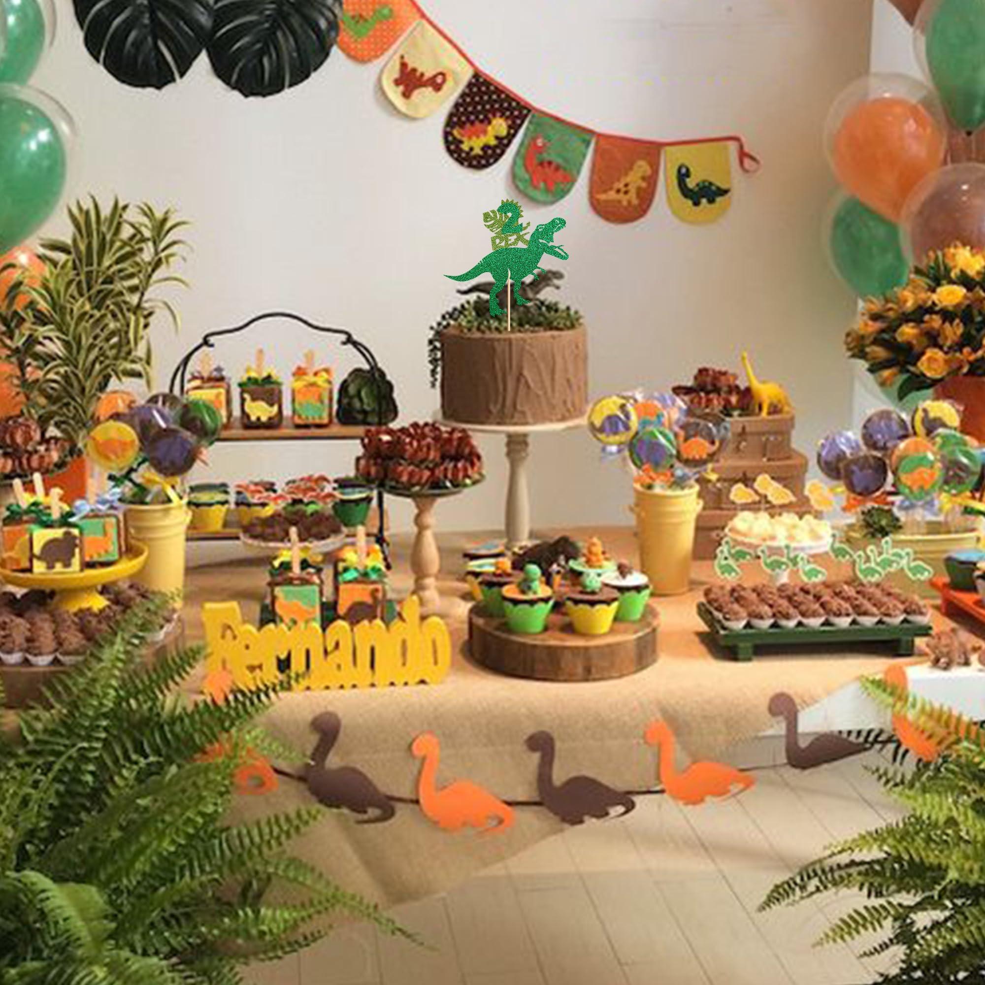 Rsstarxi Rsstarxi 1 Pack Dinosaur Two Rex Birthday Cake Topper Glitter Dinosaur T-Rex 2nd Birthday Cake Pick Two Year Olds Dinosaur Theme Cake Decoration for Baby Shower Second Birthday Party Decor Green