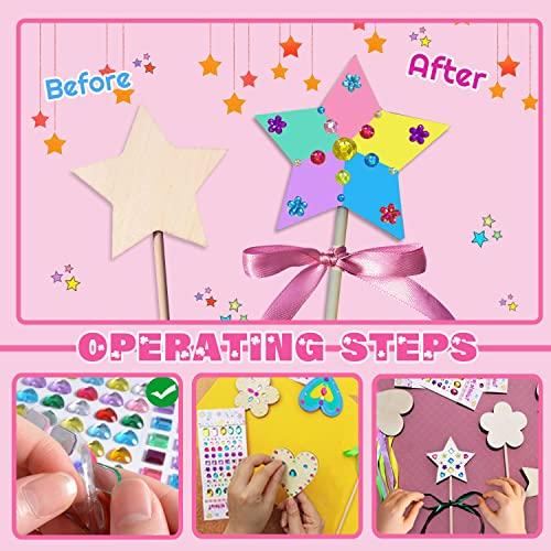 WUBOMJIO WUBOMJIO Princess Fairy Wands Craft Kit, Kid Birthday Party Supplies Make Your Own Magic Wands Include Unfinished Wooden Fairy Wands, Gem Stickers, Ribbons, Ideal Gift for Kids 6+(14 PCS)