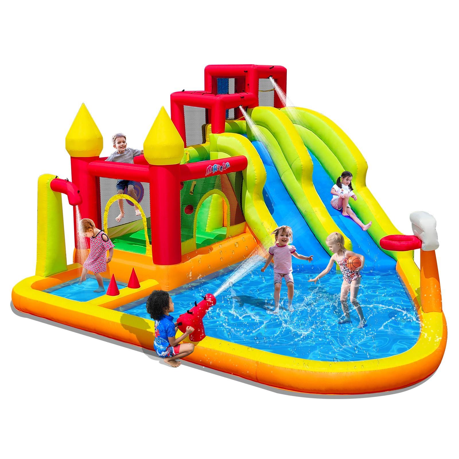 MIRUNAIR MIRUNAIR Inflatable Bounce House with Slides, Inflatable Water Slide for Kids Backyard, Bounce Water Prak with Air Blower, Splash Pool, Water Cannon, Climbing Wall, Outdoor Backyard Water Park