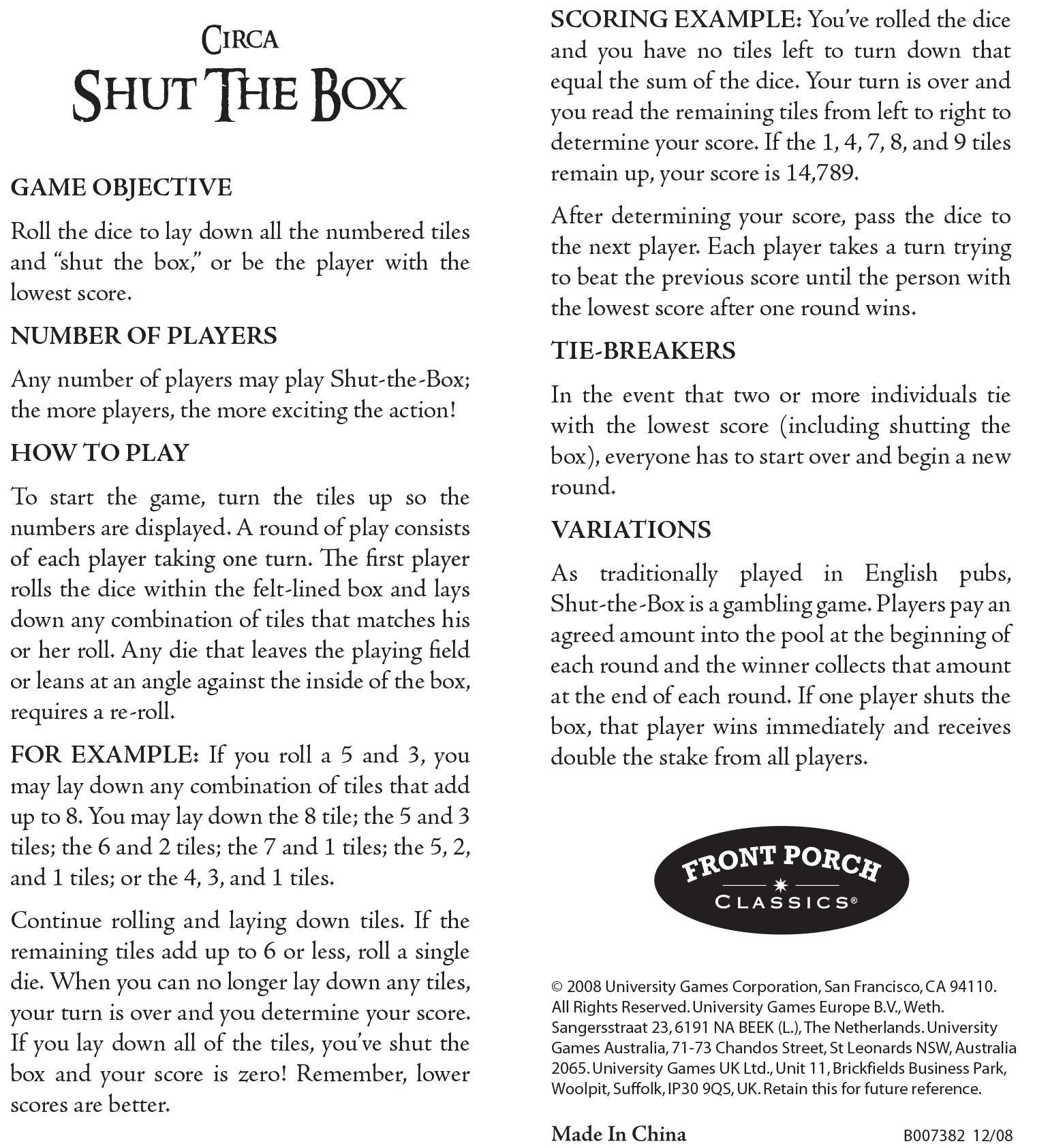 Front Porch Classics Front Porch Classics Circa Shut-the-Box, Wooden 9 Number Dice Game with Case for Travel, for Adults and Kids Ages 8 and Up
