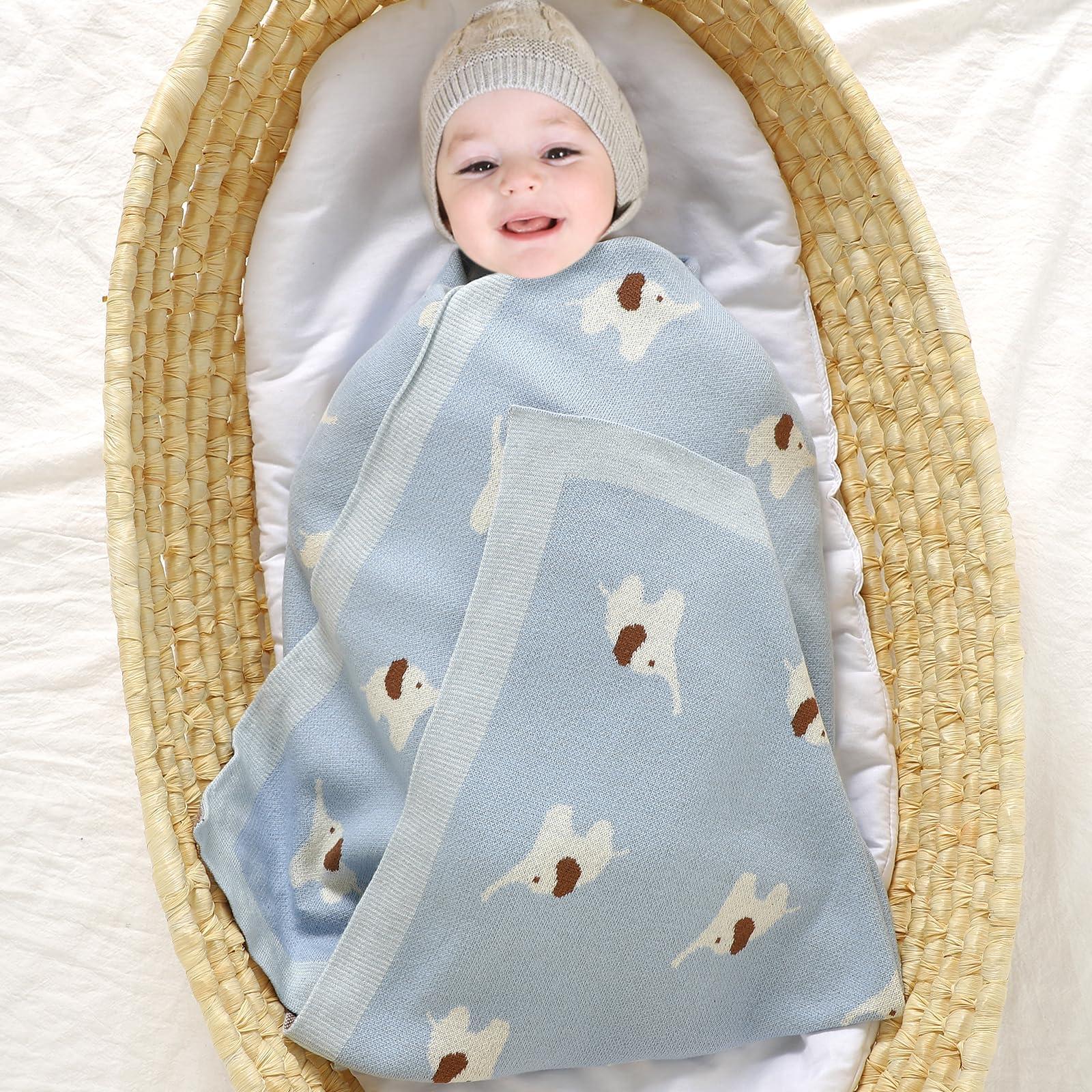 Hadetoto Hadetoto 100% Cotton Baby Blanket Knit Soft Cozy Swaddle Receiving Blankets Toddler Infant Blanket with Lovely Elephant for Newborn Boy Girls - Light Blue, 90 x 70cm