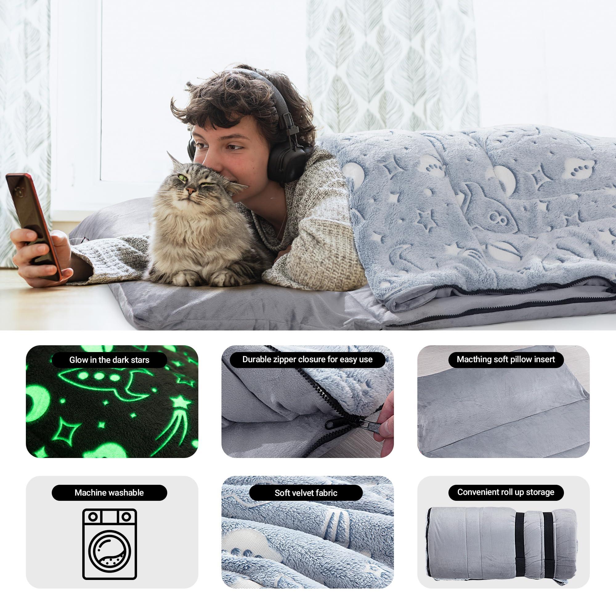 HOMBYS HOMBYS Glow in the Dark Sleeping Bags for 10~12 Years Old Kids, 84\"x30\" Soft Kids Nap Mat with Pillow and Blanket for Daycare School, Grey Travel Sleep Bag for Childern Girls Boys Truck Travel Camping