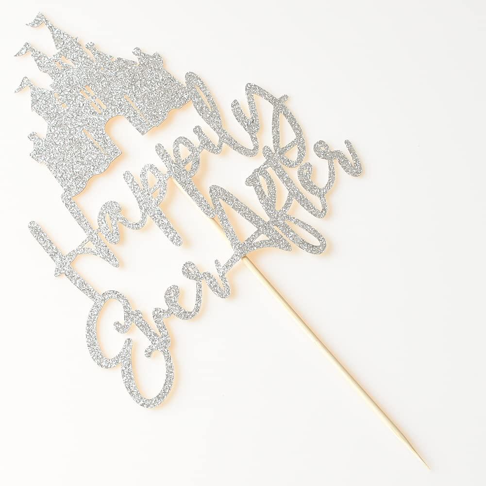 QXQXBA Happily Ever After with Castle Cake Topper Cinderella Castle Wedding Cake Decoor Engagement Bridal Shower Party Decorations Silver Glitter