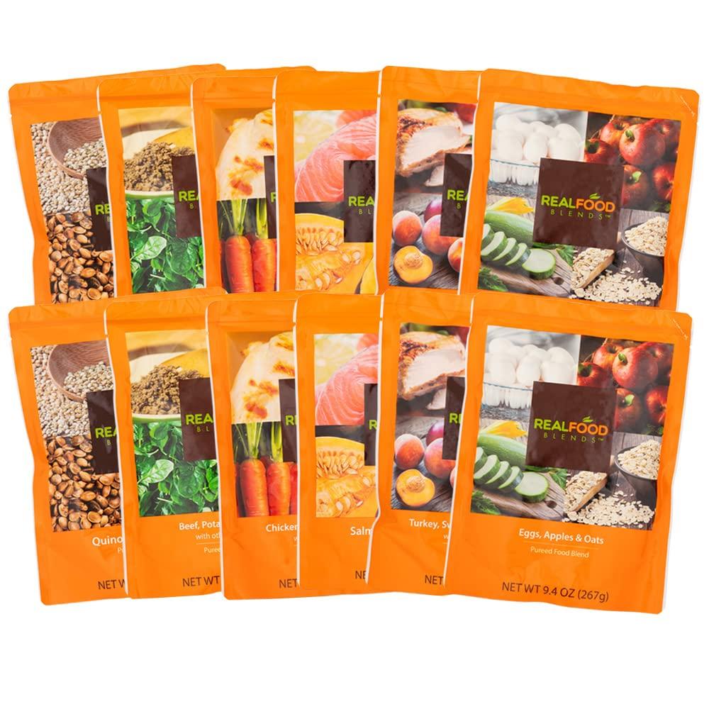 REAL FOOD BLENDS Real Food Blends Variety Pack - Pureed Food Meals for Tube Feeding with Protein, Vegetables & Fruits - 320340 Calories Per Pouch for Lunch & Dinner - 9.4 oz (Pack of 12)