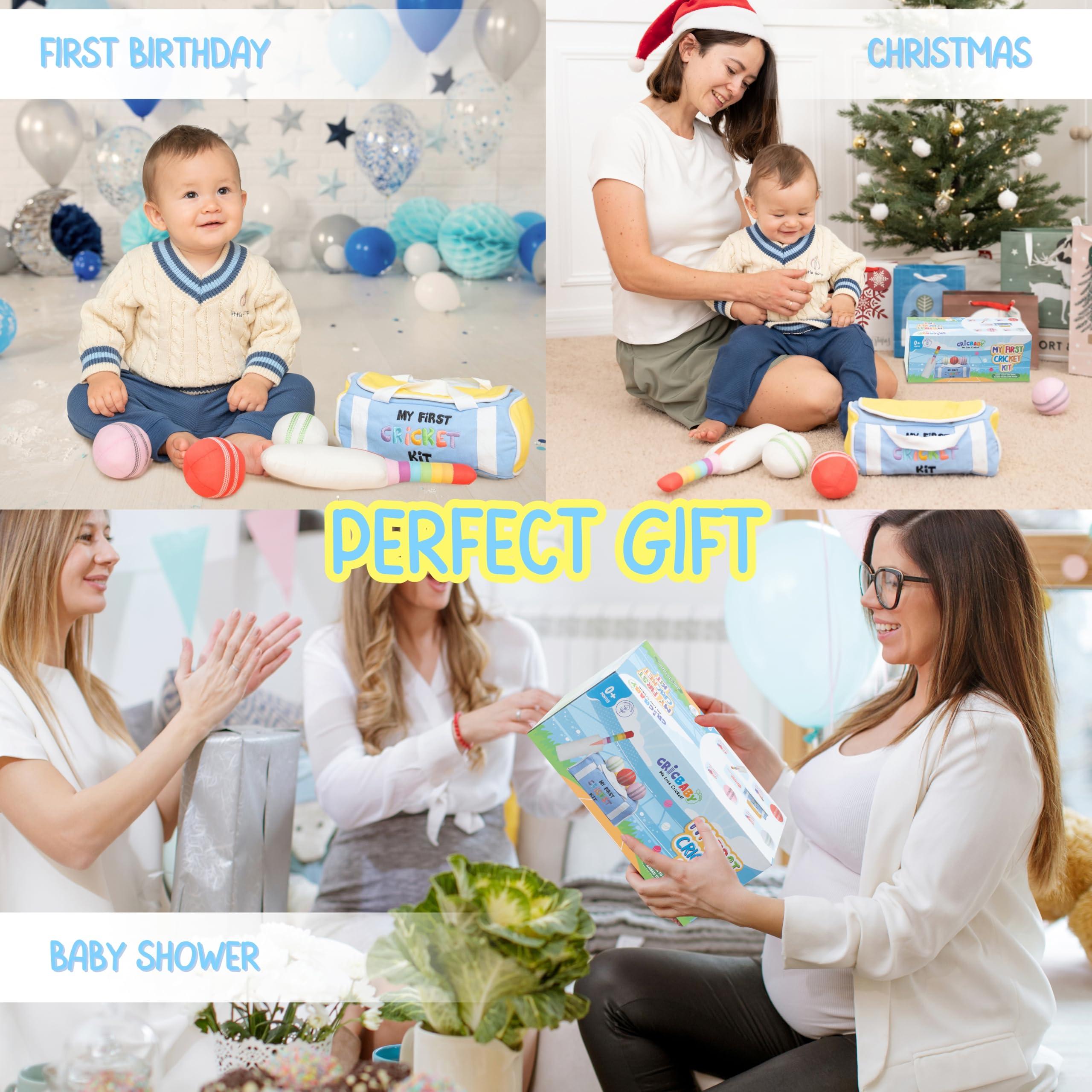 CRICBABY CRICBABY My First Cricket Kit | Organic Soft Plush Toy | Gift Baby and Infant 0-2 Years | 3 Soft Sensory Cricket Balls-Rattle, Crinkle, Squeaker & 1 Rainbow Rattle Cricket Bat | Safe, Fun, Educational