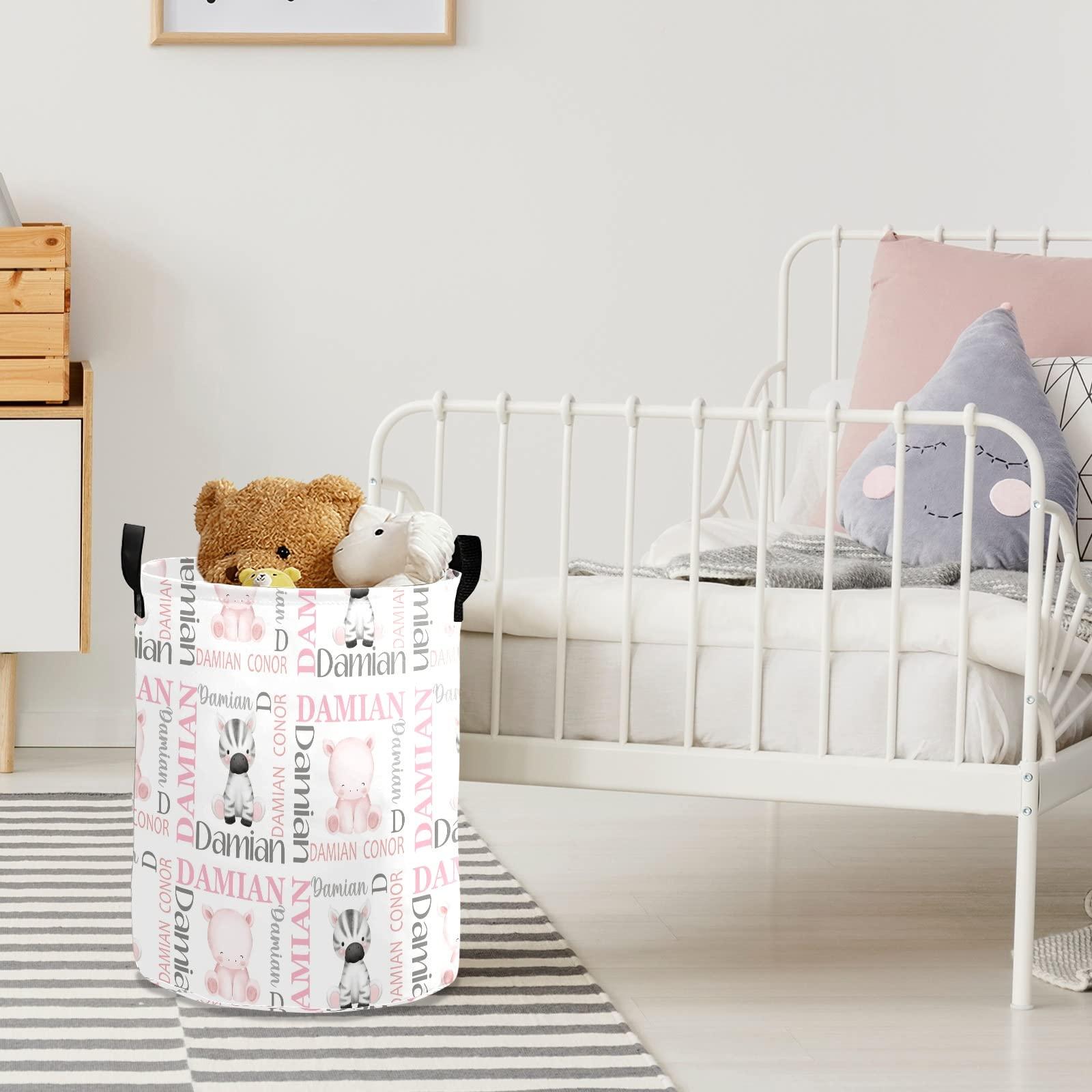 Deven Personalized Laundry Basket Hamper,Hippo Zebra Name Text,Collapsible Storage Baskets with Handles for Kids Room,Clothes, Nursery Decor