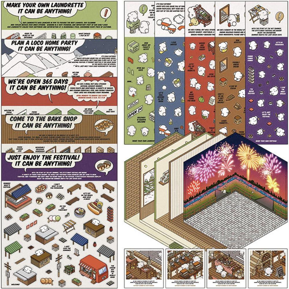 kunishi 3D Stickers - 2024 DIY 3D House Stickers Set, 3D Miniature Scene Stickers, Decorative Room Sticker Book, Funny Cute Korean Cartoon Stacking Scene Stickers for Adult Kids Pass The Time (5sets -B#)