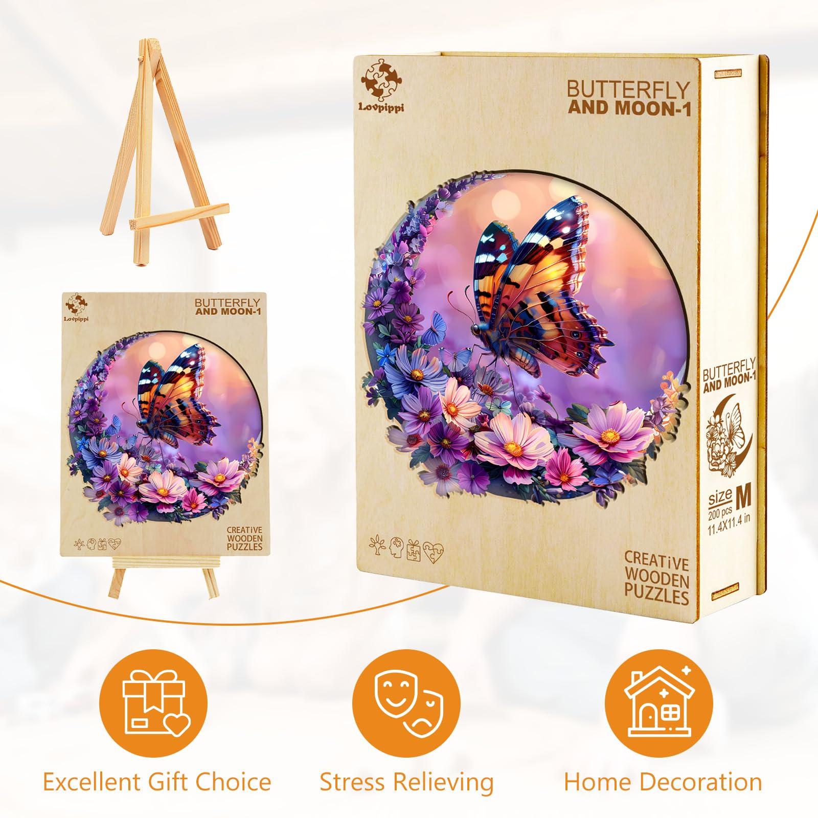 Lovpippi Wooden Puzzles for Adults, Wooden Jigsaw Puzzles for Adults, Butterfly and Moon-1 Unique Shaped Wood Puzzles Adult, Birthday Gifts for Friends Family Game, Home Decor (11.4 * 11.4in 200pcs)