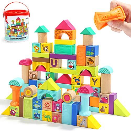 TOP BRIGHT TOP BRIGHT Wooden Building Blocks Toddlers 1-3,Baby Blocks 12-18 Months,Toy Blocks for 1 2 3 Year Old 80 Piece