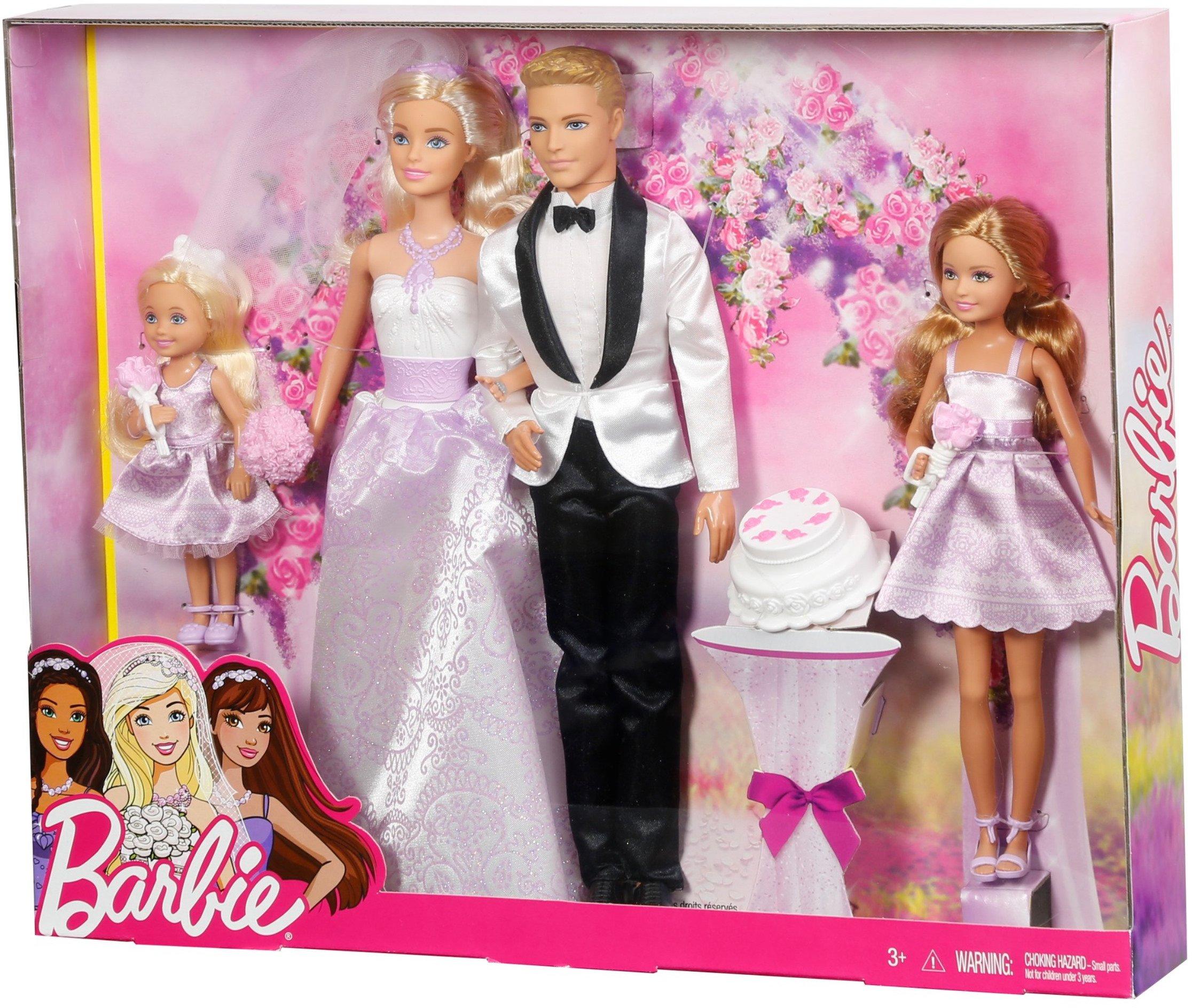Barbie Barbie Wedding Set with Bride and Groom Dolls, Stacie, Chelsea and Accessories (Mattel DRJ88), Assorted Colour/Model