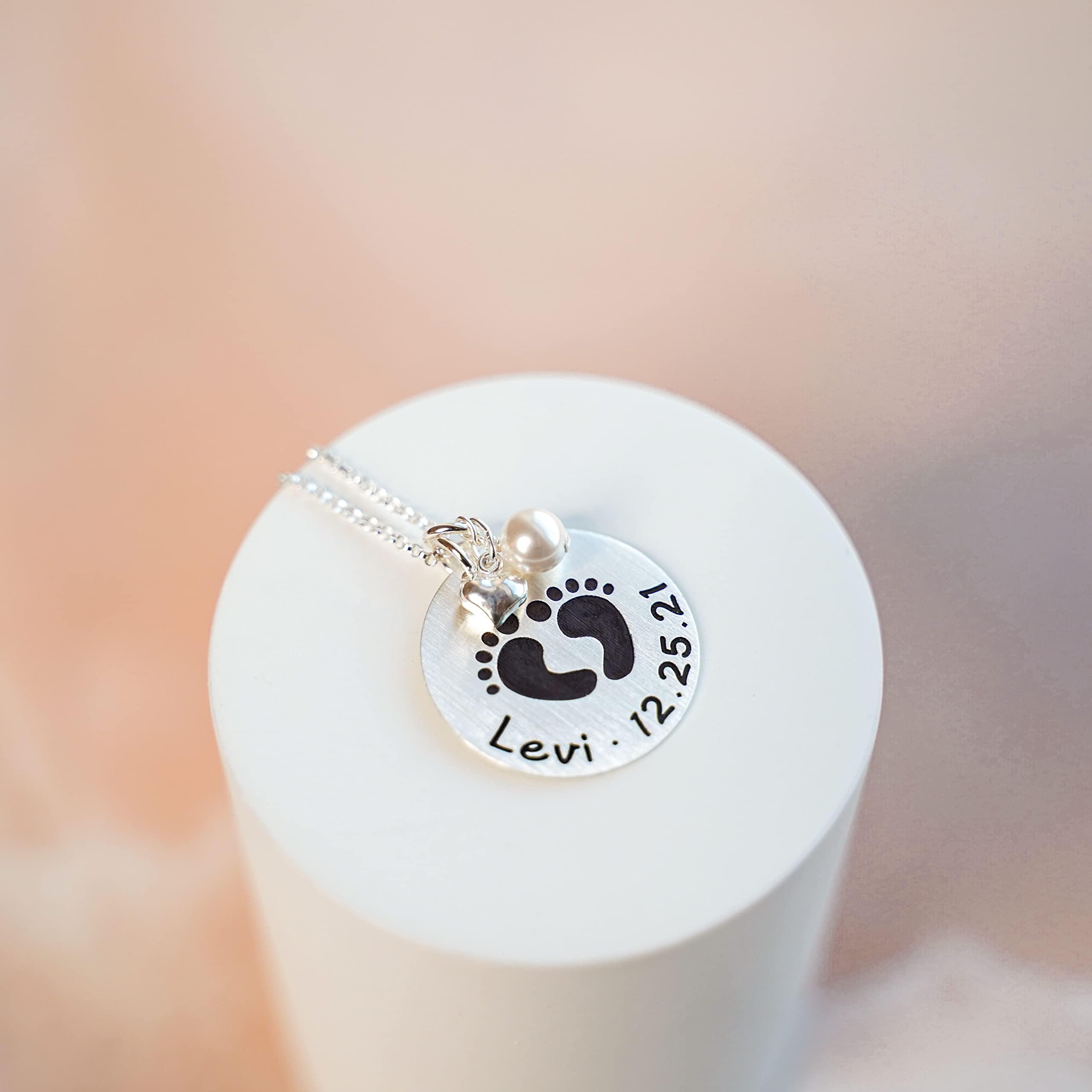 AJ\'s Collection AJ's Collection Baby Footprint Personalized Sterling Silver Name Necklace. Customize with Child's Name, Date or Special Wording, Engraved with Solid Baby Feet. Choice of 925 Chain. New Mom Gift