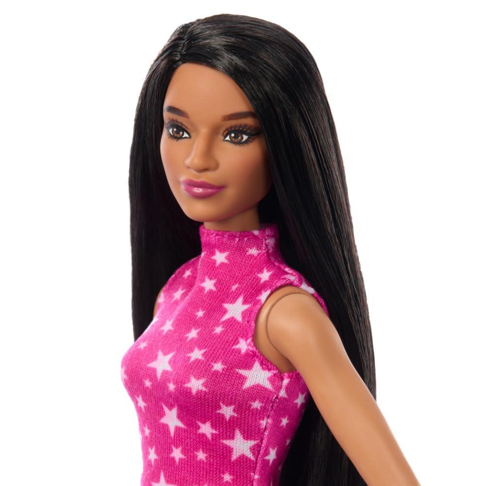 Barbie Barbie Fashionistas Doll #215 with Black Straight Hair, Pink Star-Print Top & Iridescent Skirt, 65th Anniversary Collectible Toy