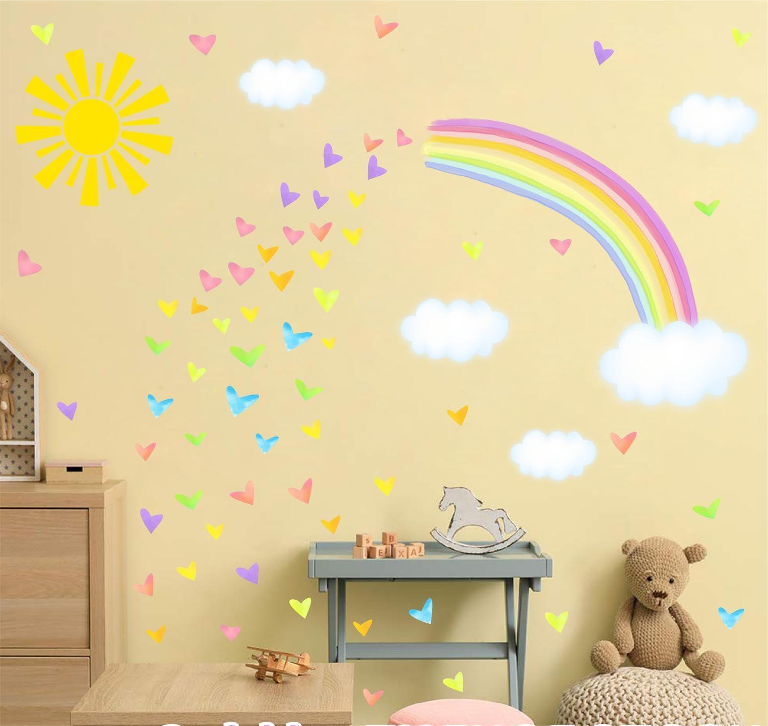 IKEYU IKEYU Colorful Rainbow Wall Stickers Sun Clouds Wall Decals Watercolor Heart Wall Stickers Large Rainbow Wall Decals for Kids Room Nursery Girls Bedroom Decor