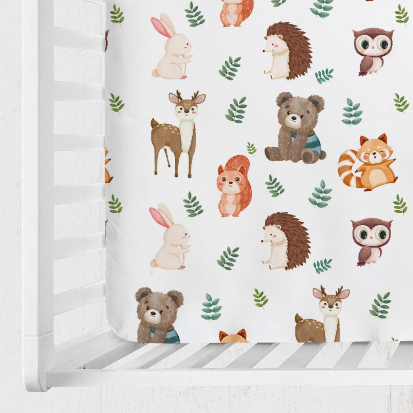 Hwmmbh Cute Woodland Animals Leaves Baby Crib Sheet 52''x28'' Bear Raccoon Squirrel Deer Rabbit Hedgehog Owl Fitted Crib Cover for Boy Girl Nursery Crib Sheet for Standard Size Crib Toddler Mattress