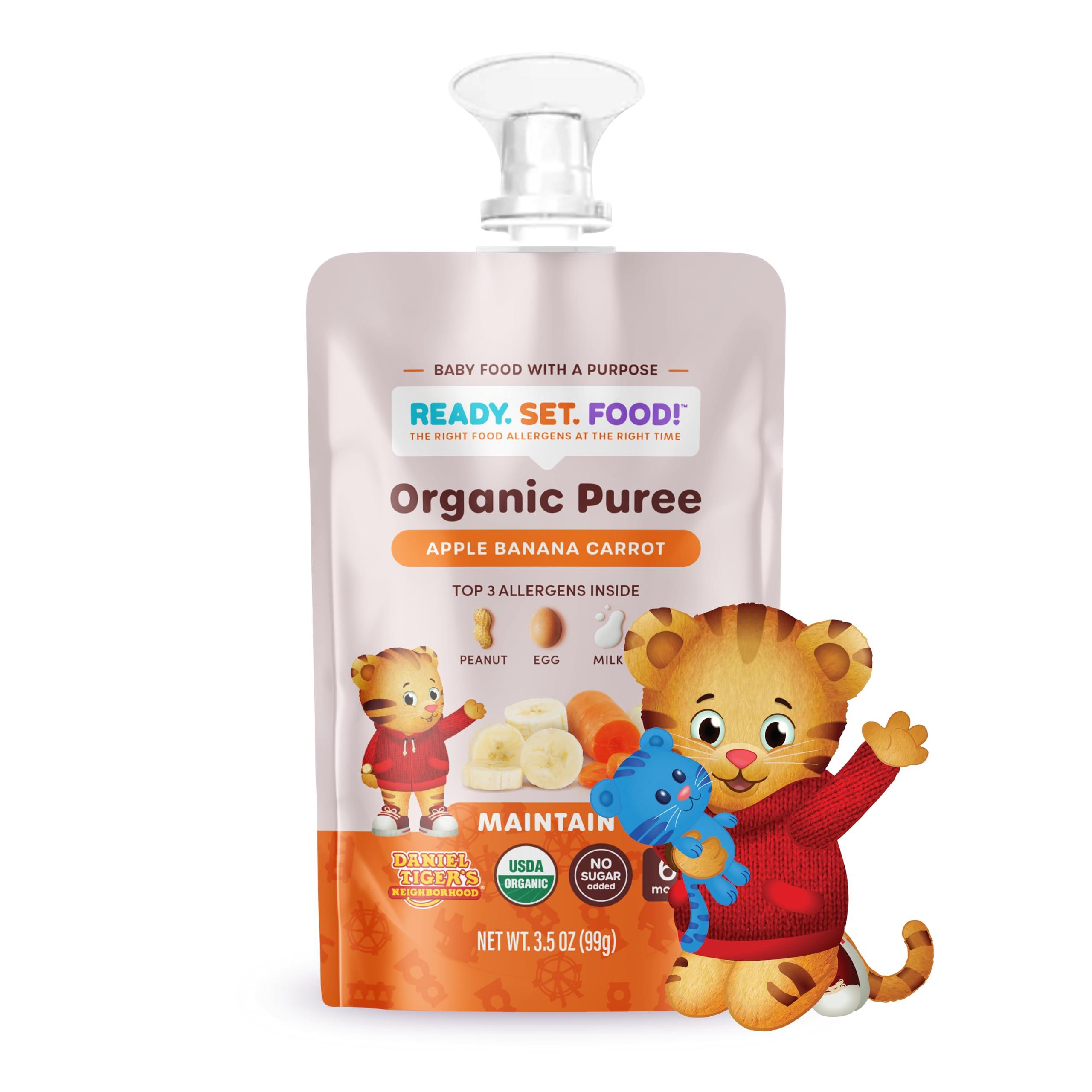 Ready, Set, Food! Ready Set Food Organic Puree Pouch Organic Baby Food Squeeze Pouch with Top 3 Allergens for Baby Allergen Introduction, Includes Organic Peanuts, Egg, and Milk (Apple Banana Carrot, 6 count)