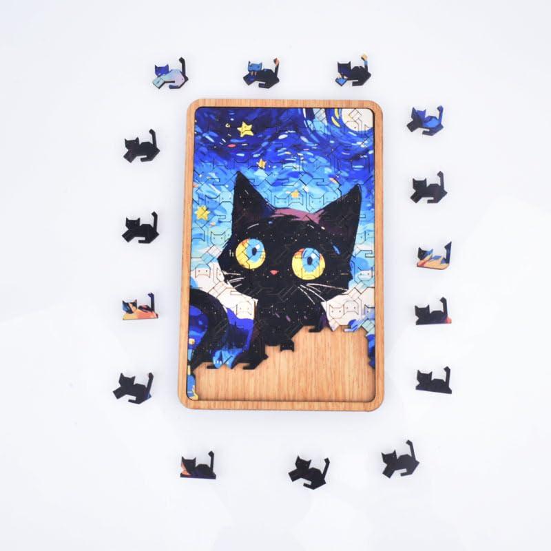 Yiduomile Yiduomile Nebula Night Cat Starry Night Cat Wooden Jigsaw Puzzle - Cat Pattern, Plywood Puzzle Toy, Challenging Intellectual Game, Art Home Decoration 6.61 * 4.4in