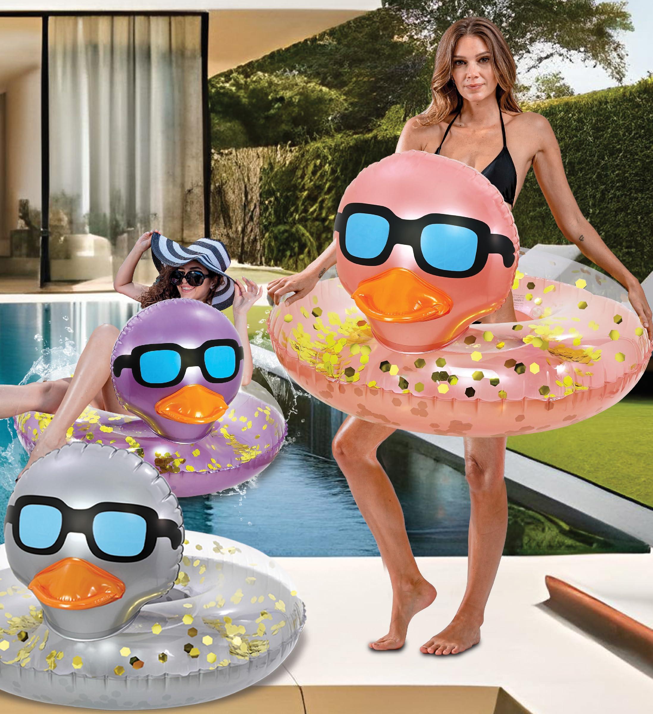 POZA POZA Inflatable Duck Pool Float Tube- Heavy Duty Vinyl UV Resistant Confetti Pool Duck Floatie, Animal Pool Float Swim Ring Pool Inflatables for Kids and Adults for Beach, Party, Vacation - Rose Gold