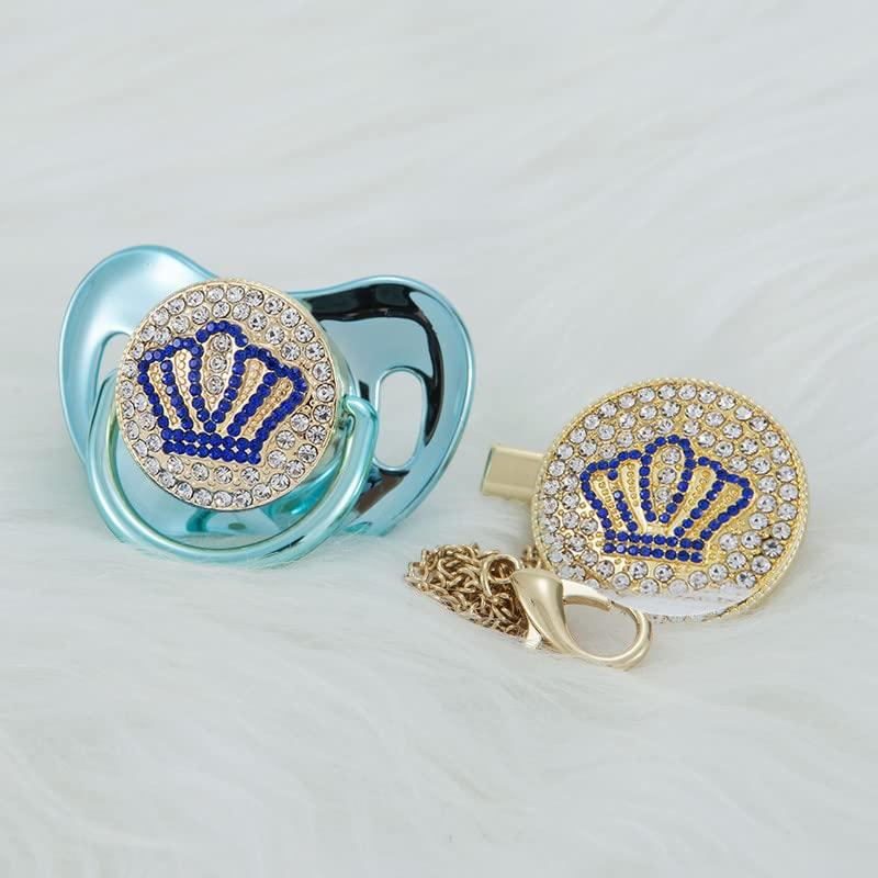 MIYOCAR MIyocar Handmade Bling Baby Gold Blue Crown Pacifier and Clip Set Unique Gift for Baby Shower