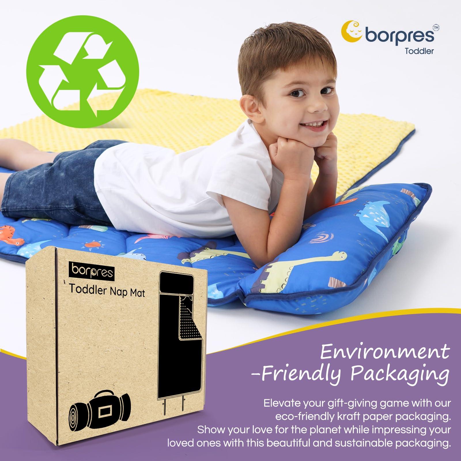 BORPRES Nap Mat with Pillow Blanket Set: Navy Dino Sleeping Mats for Toddler Kids - Thick Large Roll up Slumber Bag for Daycare Preschool Kindergarten Boys Girls