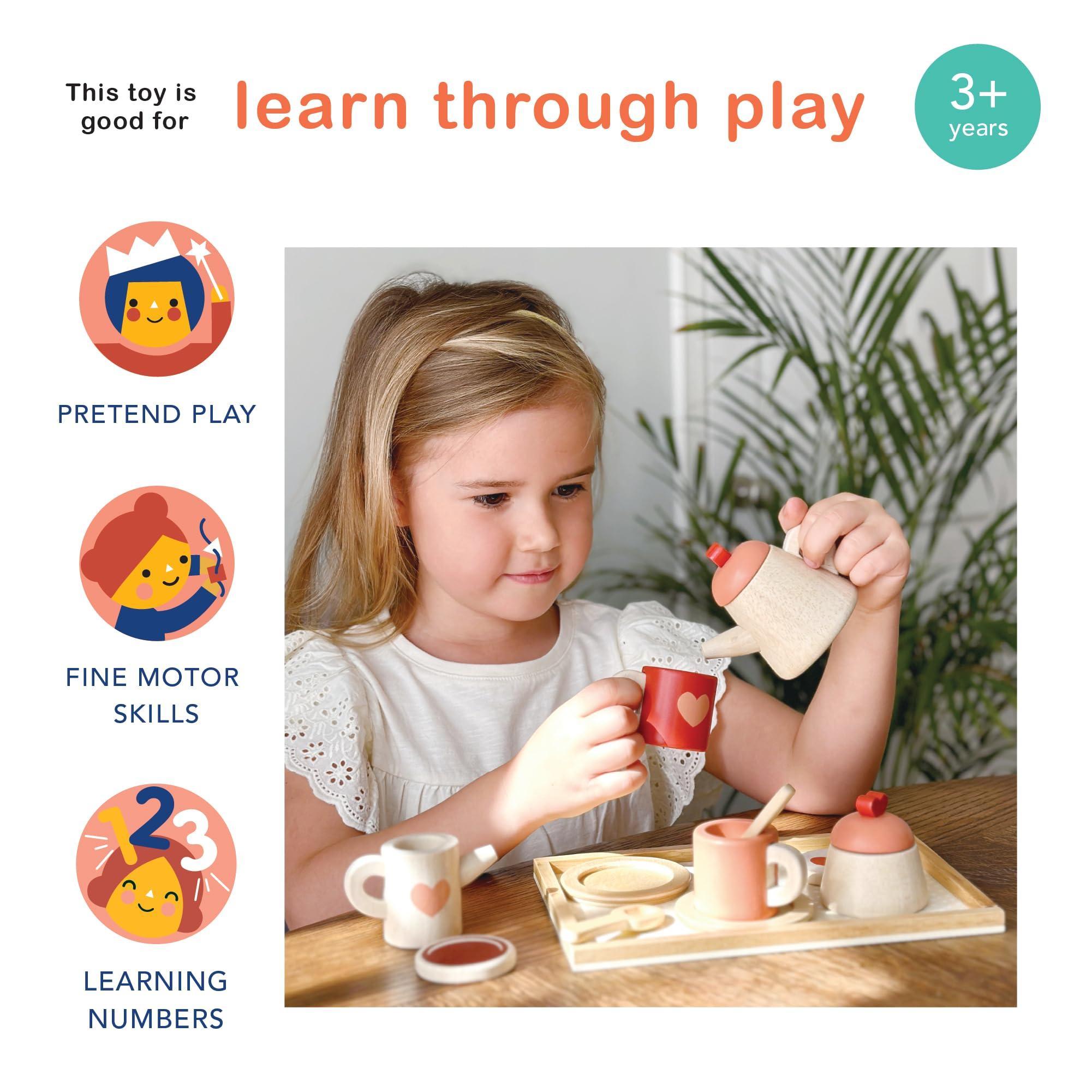 Mentari Mentari Toys - Tea Time Tray Set - Wooden Pink Teapot, Cups and Trays for Pretend Afternoon Tea Party - Social, Creative, and Imaginative Development - Learning Role Play - Age 3+