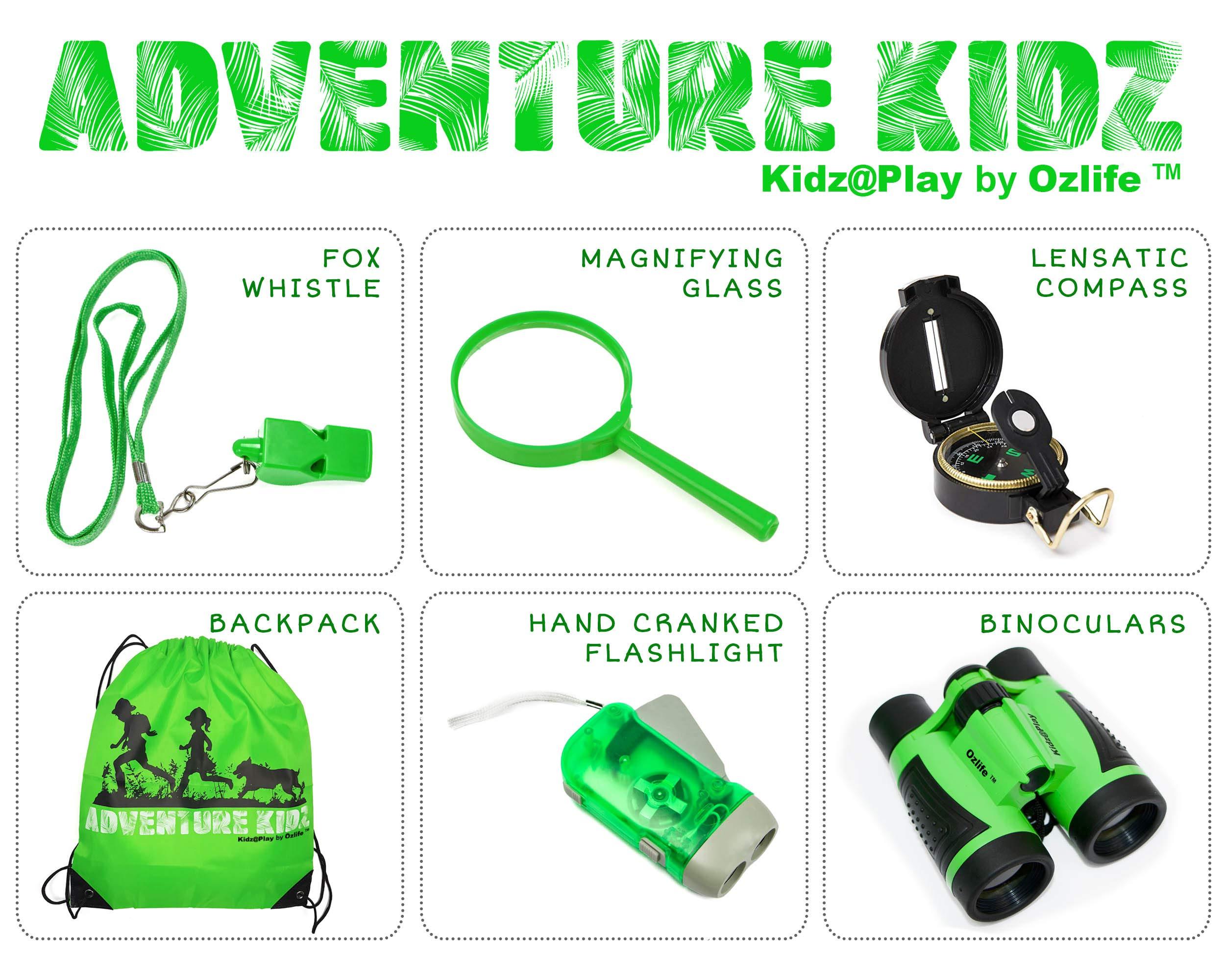 Kidz@Play Adventure Kidz - Outdoor Exploration Kit, Binoculars with Case, Flashlight, Compass, Whistle, Magnifying Glass, Backpack, Bundle (28 Items)