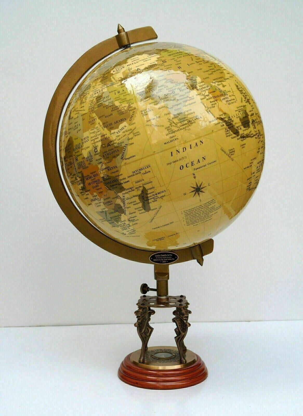 ALFA NAUTICAL Globe World Map Earth Globes With Designer Lions Wooden Base Compass Globe