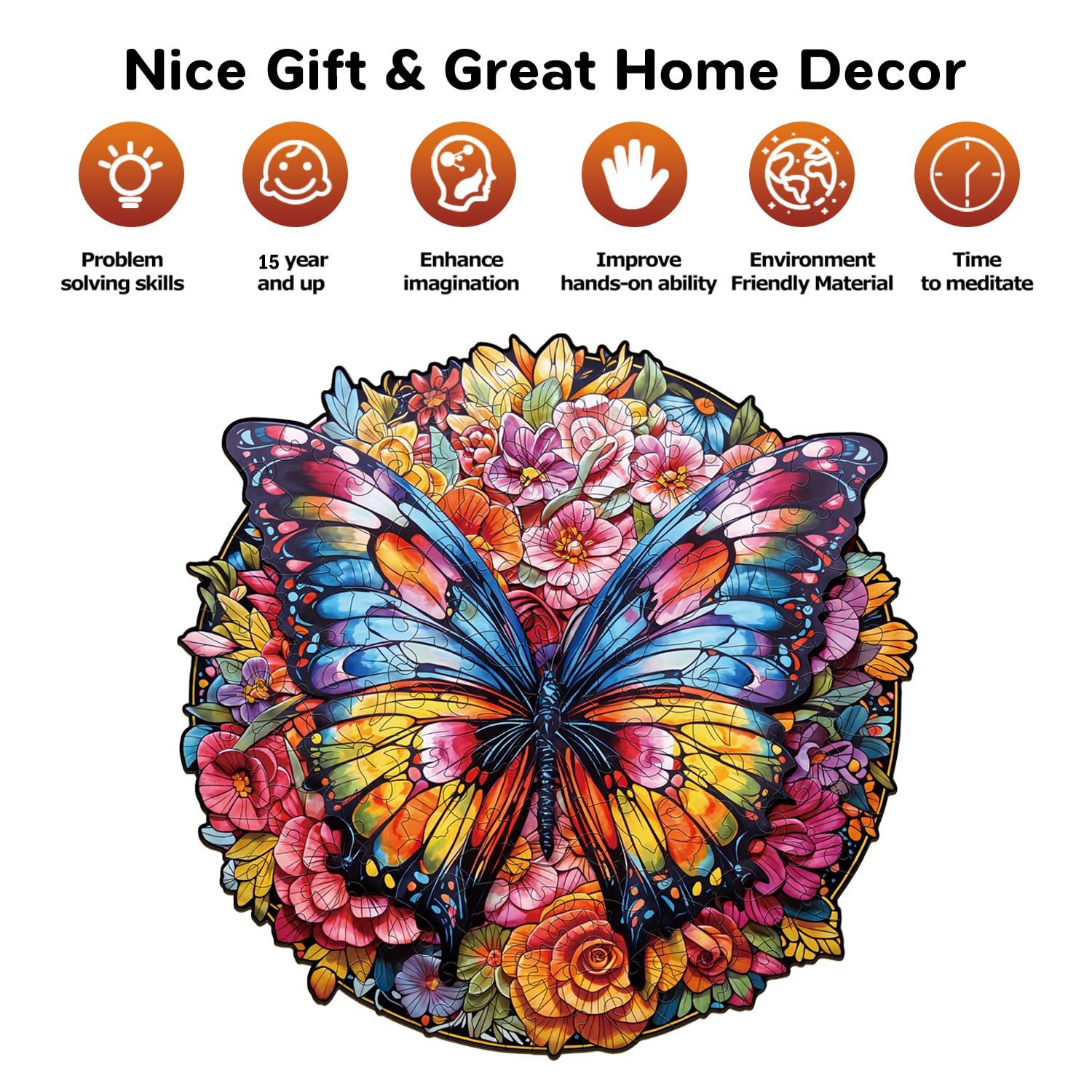 Jigfoxy Jigfoxy Wooden Puzzle for Adults, Butterfly and Flowers Wooden Jigsaw Puzzles for Adults, Unique Animal Shape Wood Cut Puzzles for Family Friend Puzzle Lovers(L-13.4 * 13.1in-300pcs)
