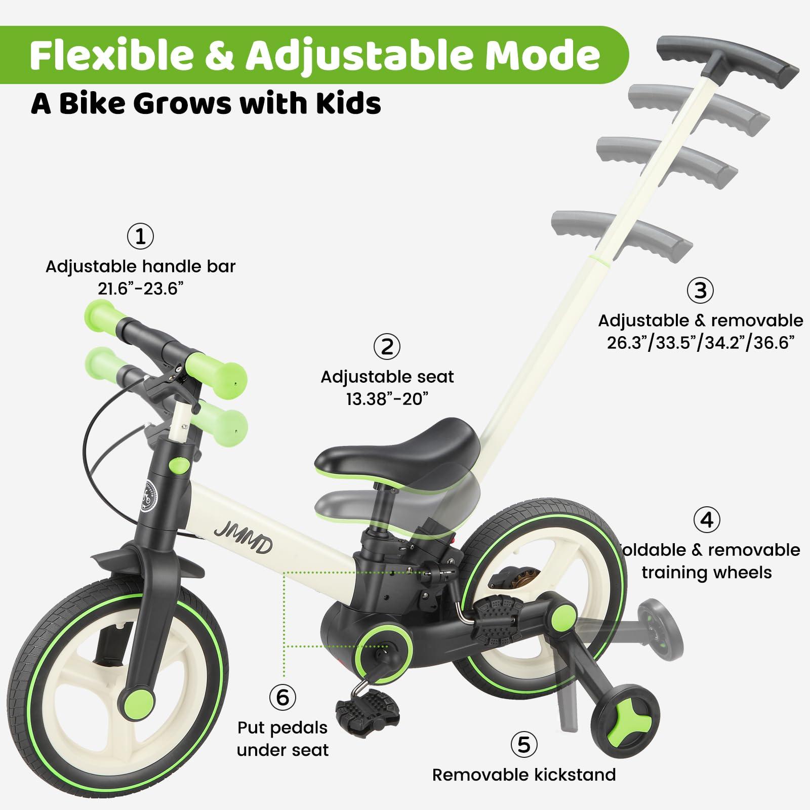 JMMD JMMD Toddler Bike with Push Handle for Kids 18-60 Months, 6 in 1 Foldable Push Bike with Training Wheels, Pedals, Brakes, Kickstand, Kid Balance Bike Gift & Toys for Boy & Girl, Green