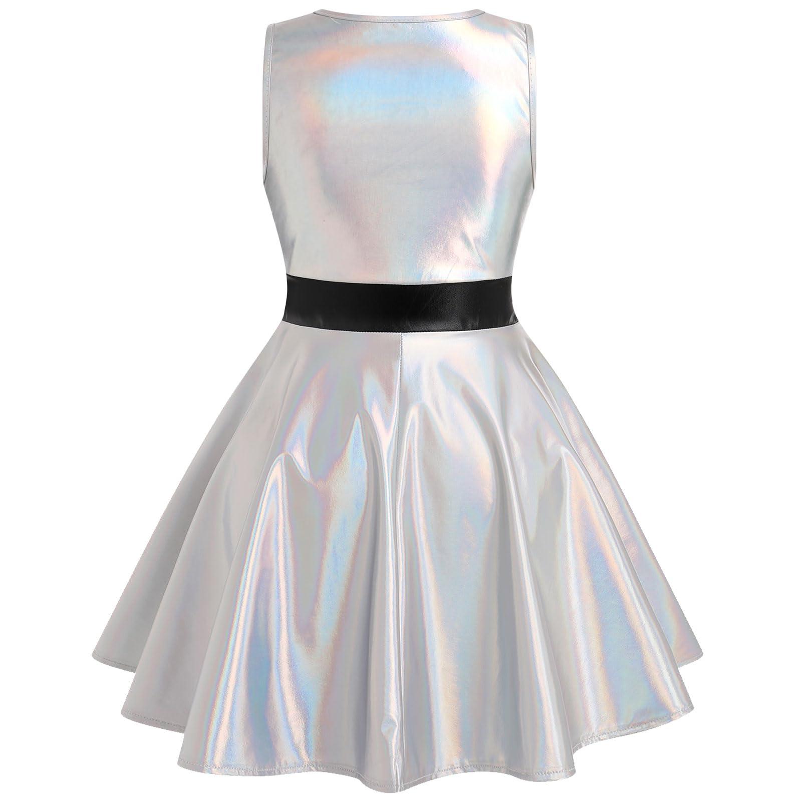 ODIZLI ODIZLI Halloween Costumes for Girls Holographic Dress Sleeveless Skateboarding Metallic Skater Dress 90s Costume Cowgirl 80s Birthday School Music Festivals Alien Costume Toddler Silver 3-4 Years