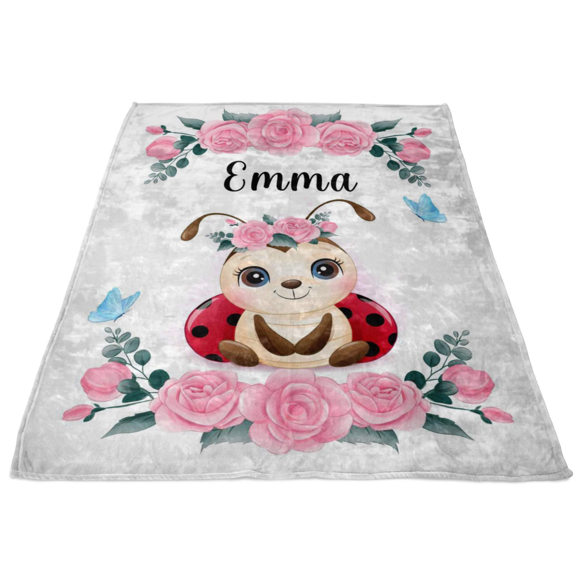 FundingCharlee Pink Ladybird Custom Baby Name Blanket for Girl, Floral Rose Ladybird Toddler Girl Blanket, Girl Nursery Blanket, Ladybird Baby Shower, Personalized Pink Floral Girl Blanket (50x60)