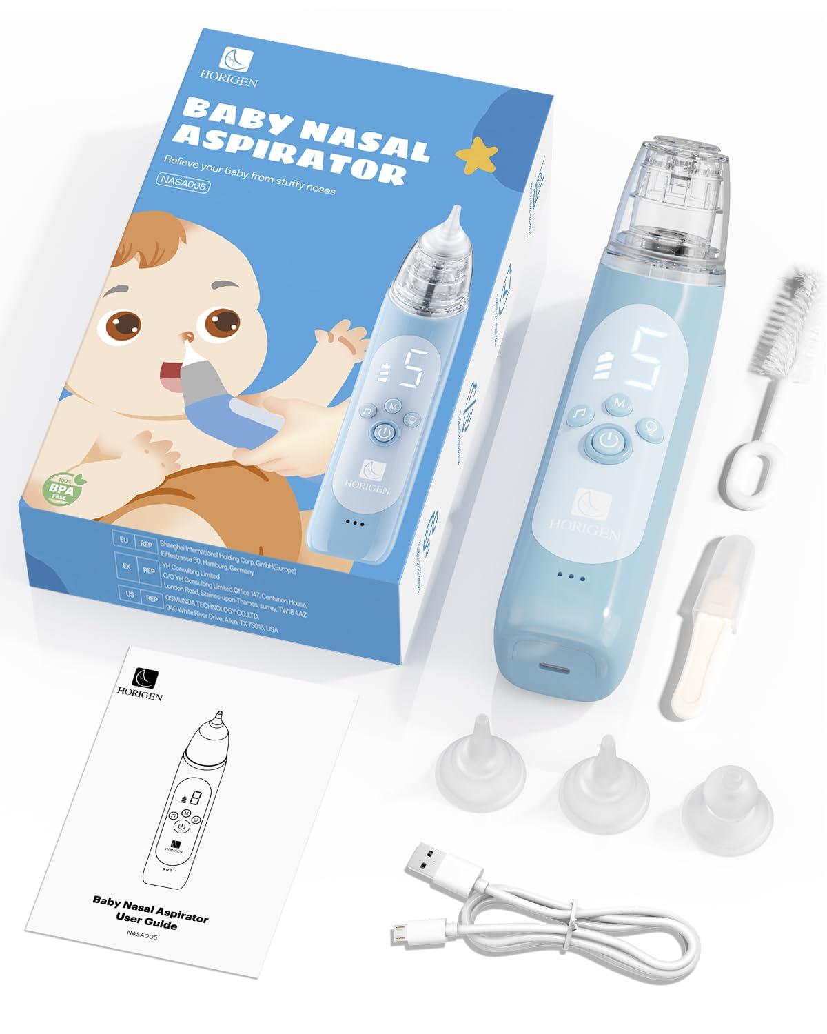 HORIGEN Nasal Aspirator for Baby, Electric Baby Nose Suction with 5 Adjustable Levels Suction, USB-C Rechargeable Mucus Cleaner with Lights and Music, Baby Nasal Aspirator for Toddler with 3 Silicone Tip