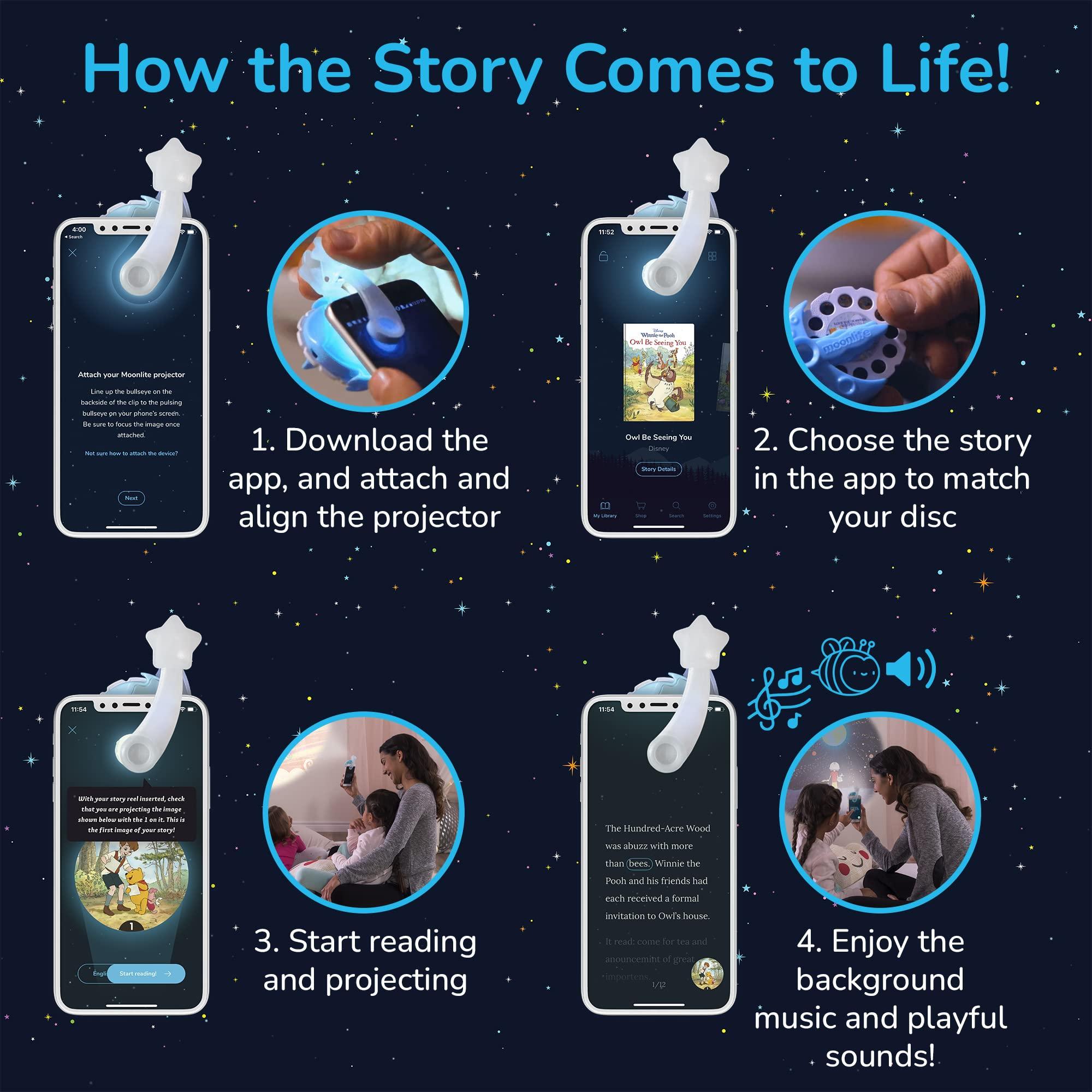 Moonlite Moonlite Storytime Mini Projector with 4 Classic Disney Stories, A Magical Way to Read Together, Digital Storybooks, Fun Sound Effects, Learning Gifts for Kids Ages 1 and Up