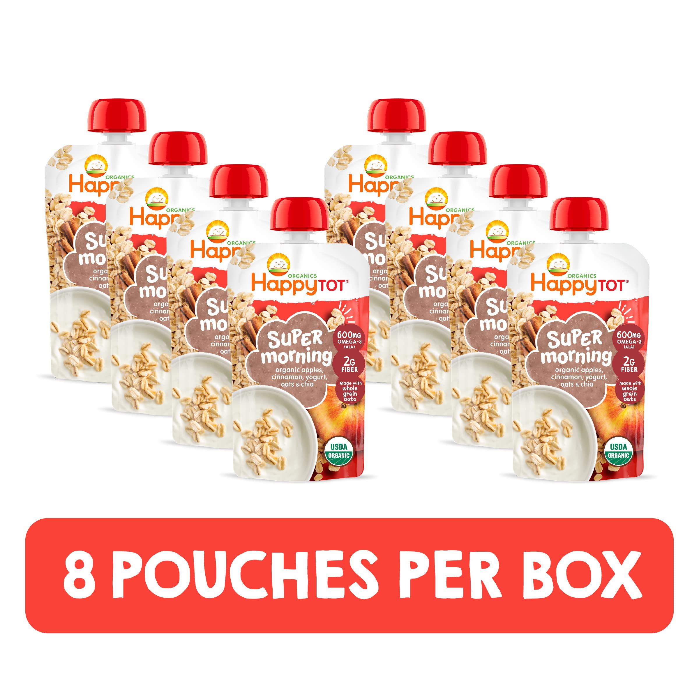HAPPYTOT Happy Tot Organics Stage 4 Baby Food Pouches, Gluten Free, Super Morning Fruit & Oat Blend, Apple, Cinnamon, Yogurt, Oats & Chia, 4 Oz (Pack of 8)