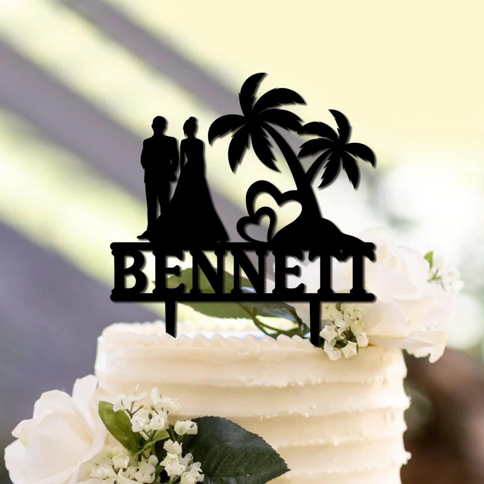 UanMere Beach Cake Toppers Personalized Bride And Groom Wedding Cake Toppers Bride And Groom Under Palm Tree in Beach Keepsake Decoration Black Acrylic Married Silhouette Cake Toppers with Last Name