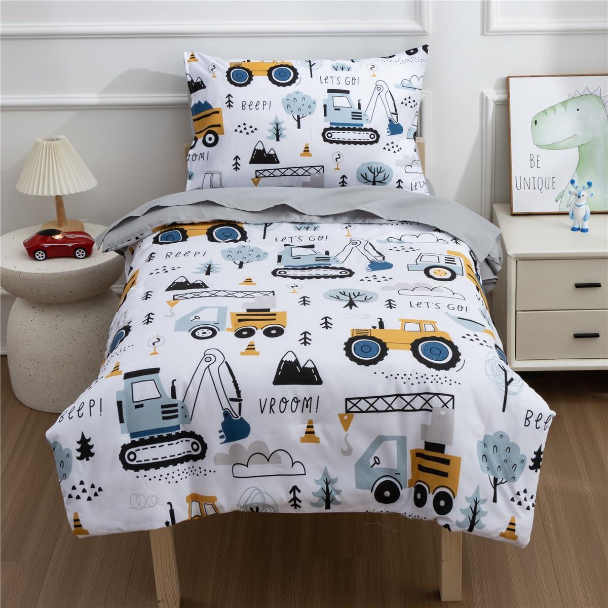 NTBED NTBED 4 Pieces Construction Toddler Bedding Set for Baby Boys,Tree Truck Vehicles Excavator Cars Printed, Includes Comforter, Flat Sheet, Fitted Sheet and Pillowcase,Light Grey