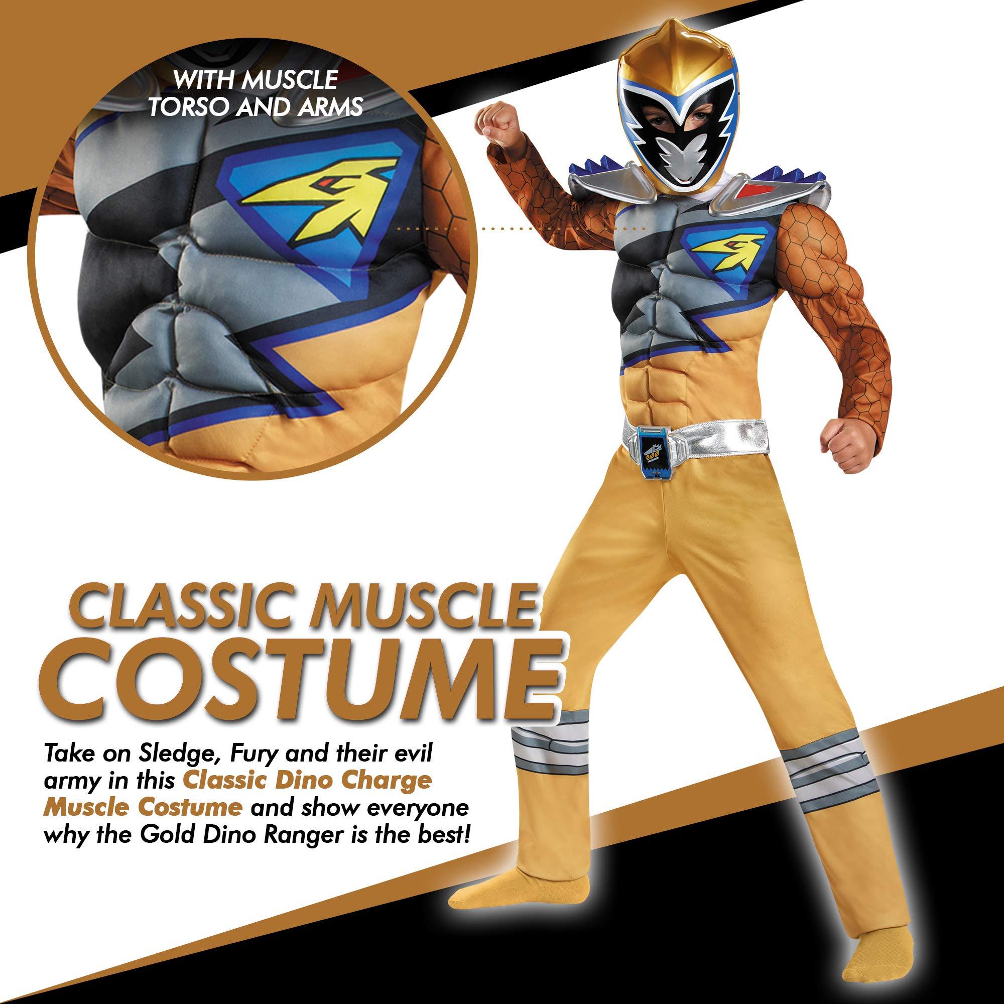 Disguise Gold Power Rangers Costume for Kids. Official Licensed Gold Ranger Dino Charge Classic Muscle Power Ranger Suit with Mask for Boys & Girls, Medium (7-8)
