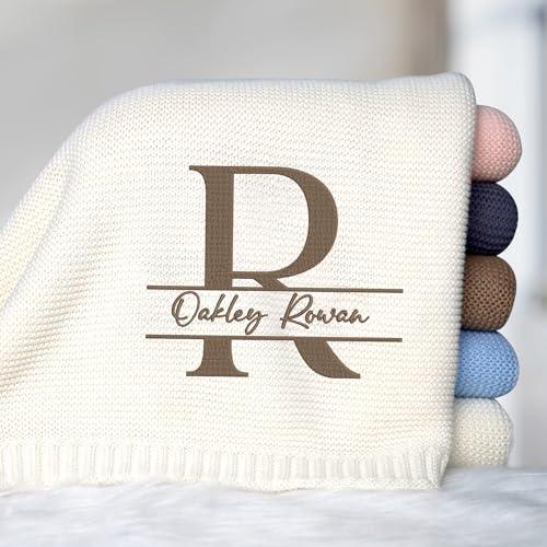 locobird locobird Initials Name Embroidered Baby Blanket, Personalized Baby Blanket for Boys Girls, Custom Baby Name Blankets, Embroidery Blanket, Cotton Knit Blanket for Son Daughter