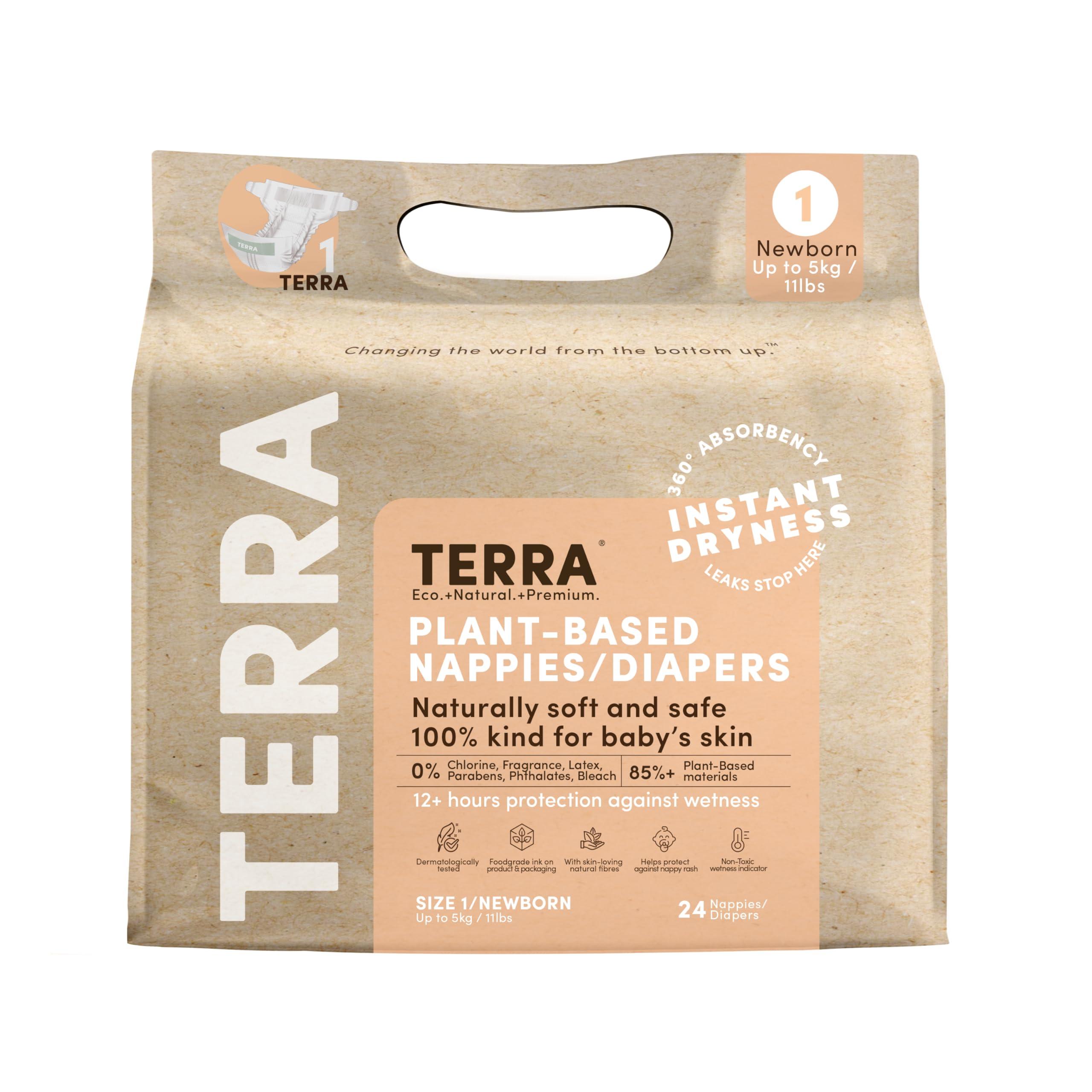Terra Terra Size 1 Newborn Diapers: 85% Plant-Based Diapers, Ultra-Soft & Chemical-Free for Sensitive Skin, Superior Absorbency for Day or Nighttime Diapers, Designed for Newborns up to 11 Pounds, 24 Count